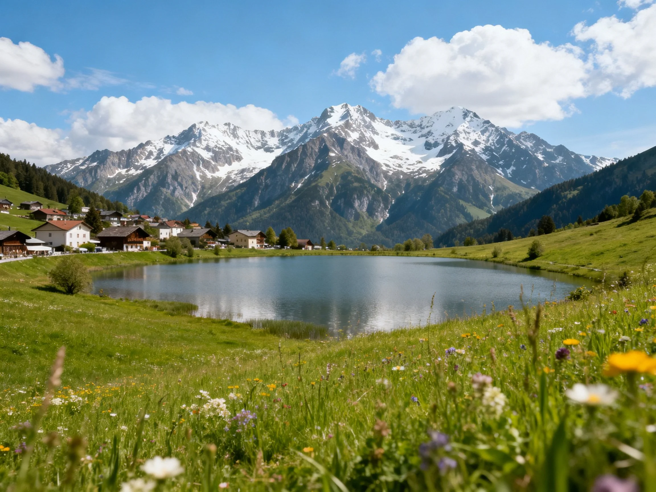 Snow-capped mountains overlook a tranquil lake and alpine village.