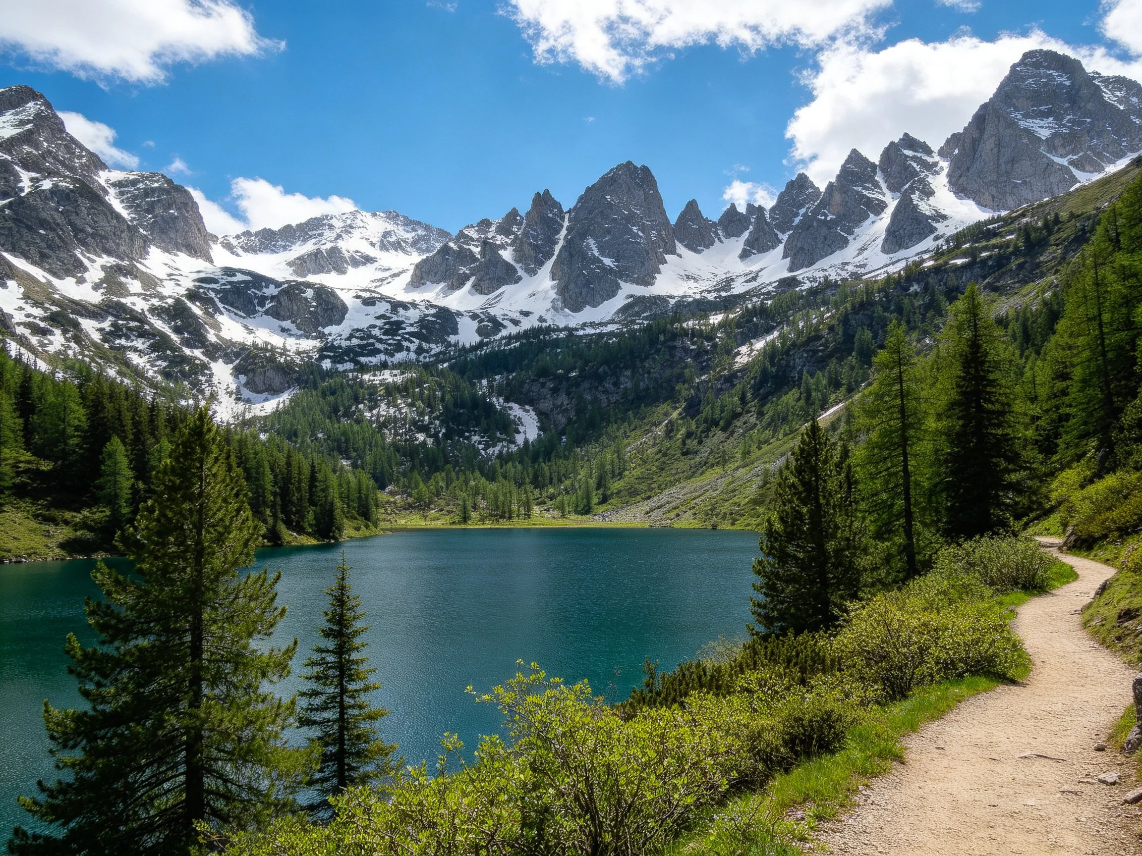 Snow-capped mountains overlook a turquoise alpine lake with lush forests.