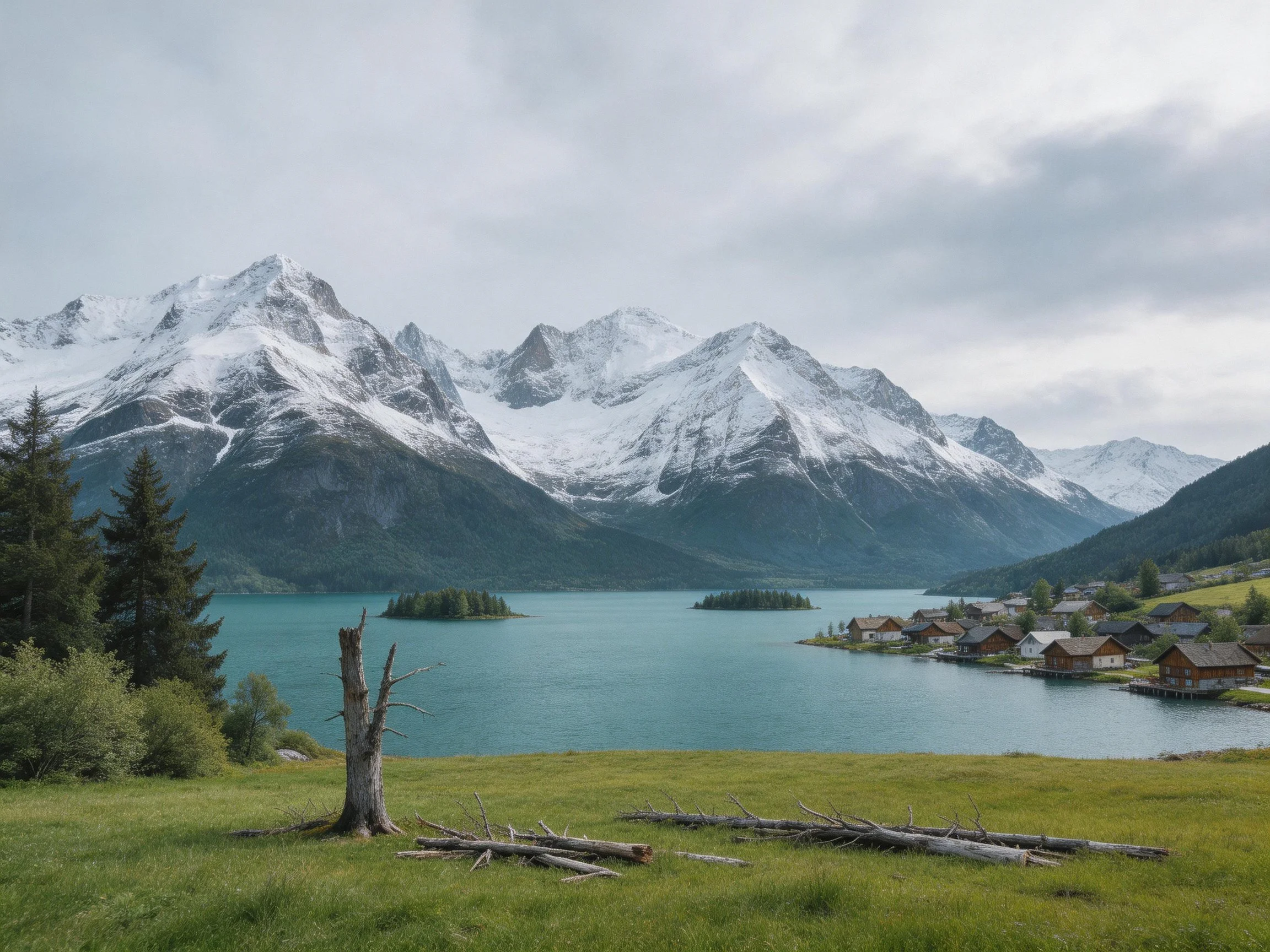 Snow-capped mountains overlook a turquoise lake near