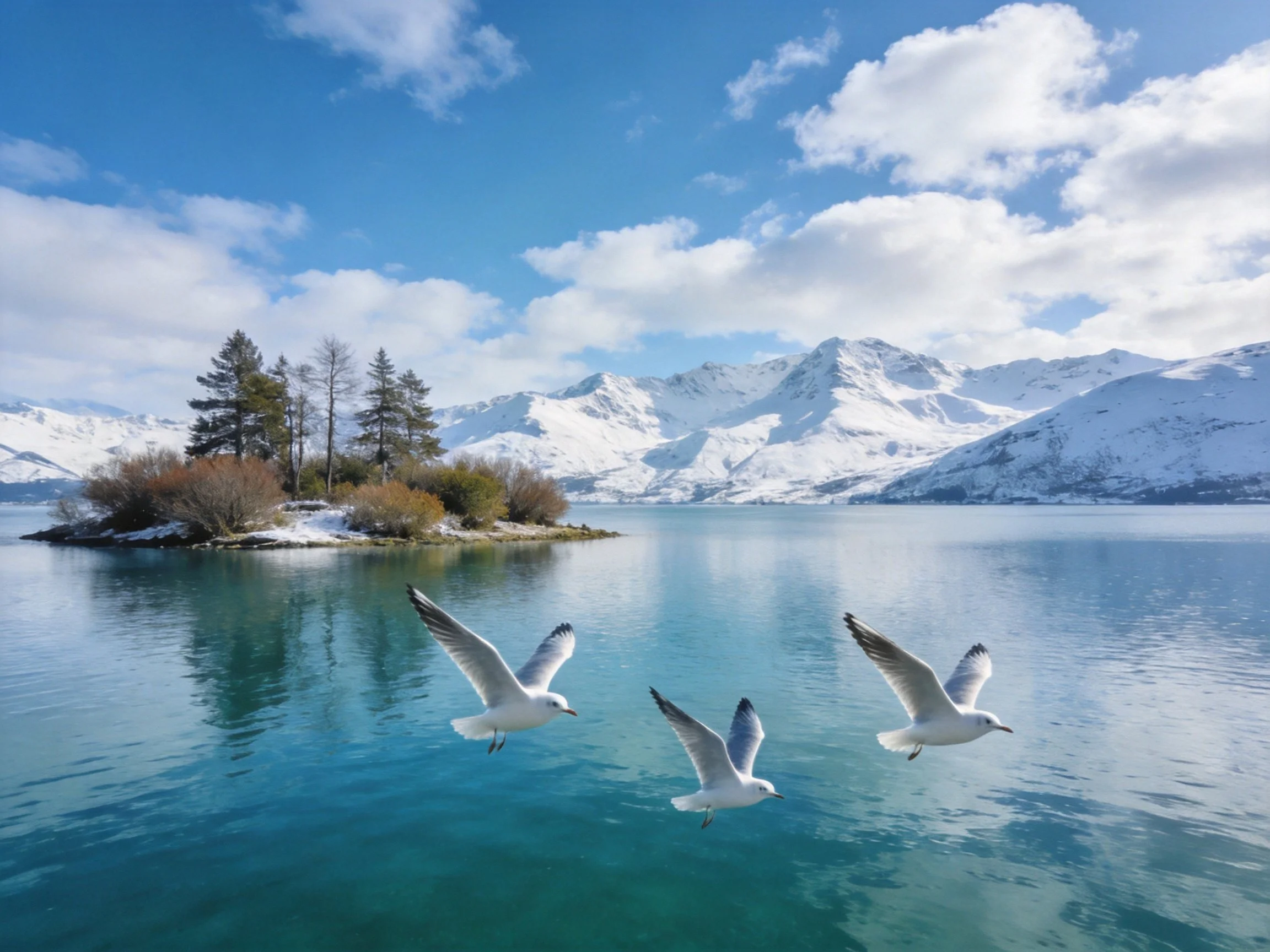 Snow-capped mountains overlook a turquoise lake with seagulls near a forested island