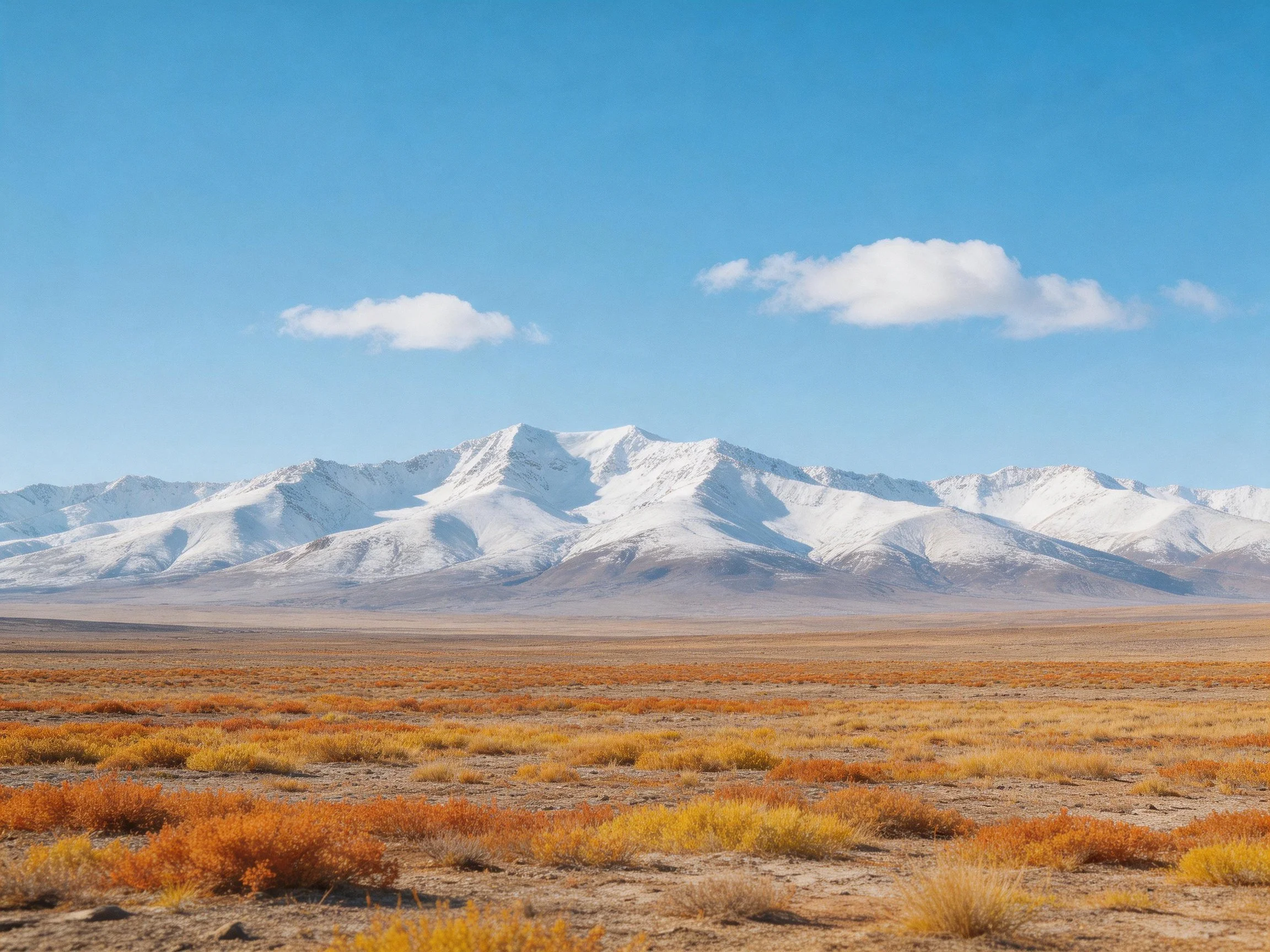 Snow-capped mountains overlook a vast arid plain with colorful shrubs