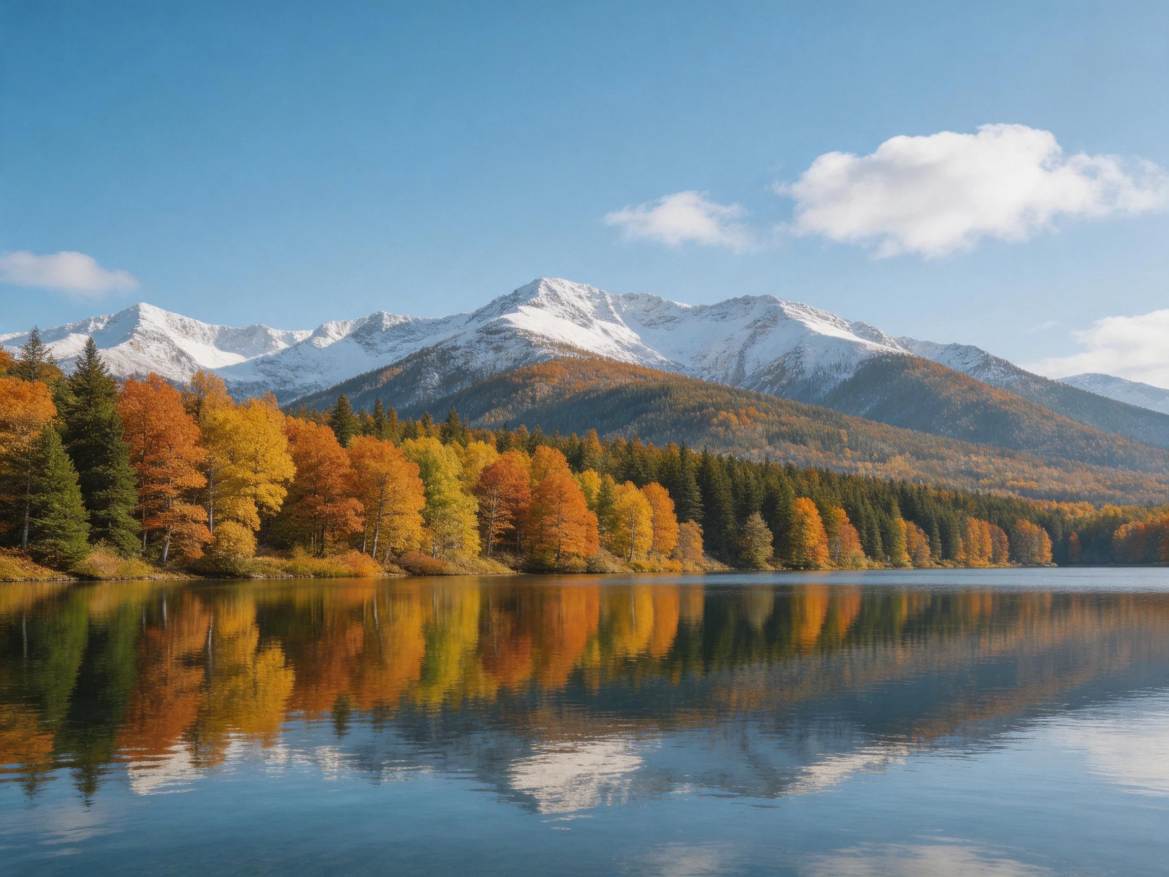 Snow-capped mountains overlook a vibrant autumn forest reflected in a calm lake.