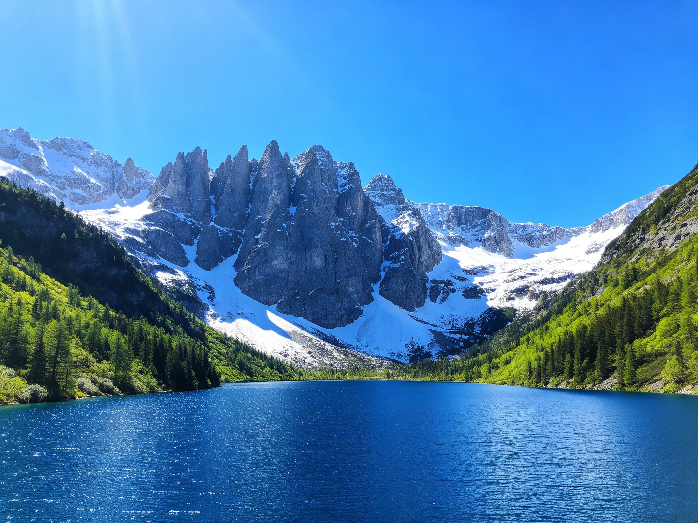 Snow-capped mountains overlook a vibrant blue alpine lake with forested slopes