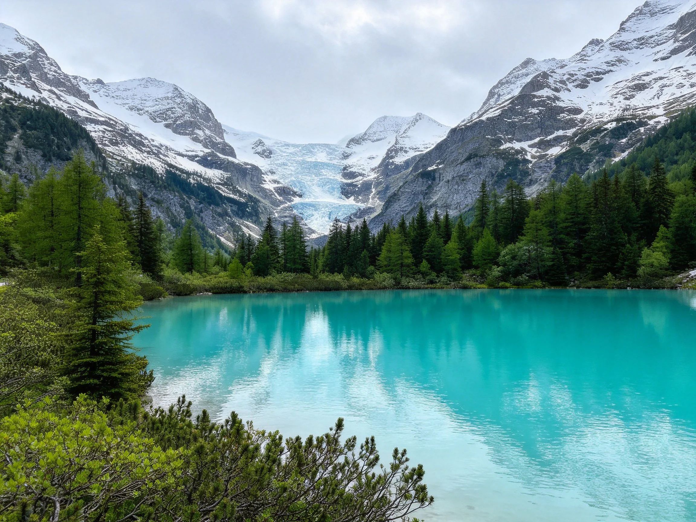 Snow-capped mountains overlook a vibrant turquoise glacial lake with dense evergreen forests