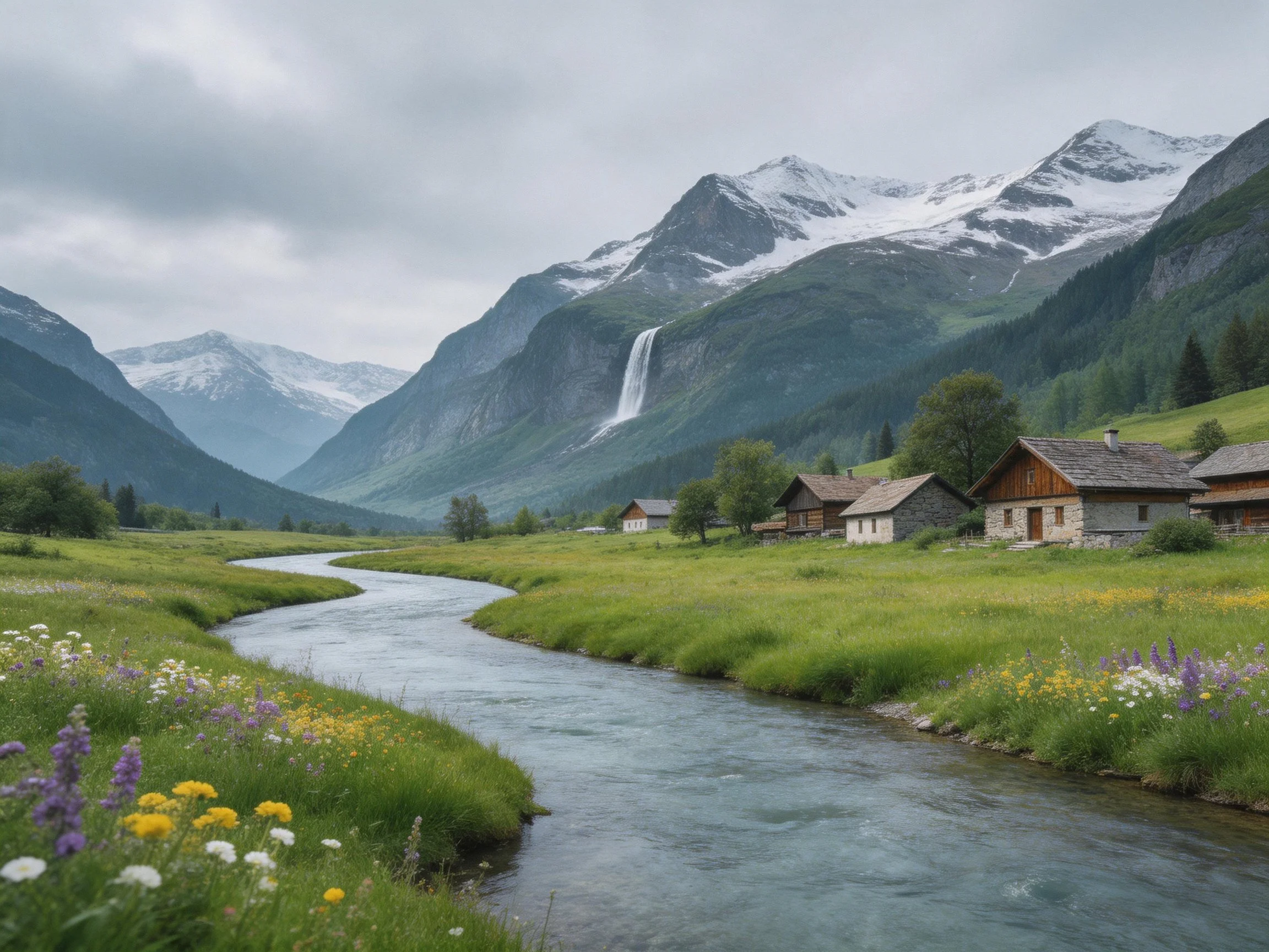 Snow - capped mountains overlook a winding river beside rustic cottages