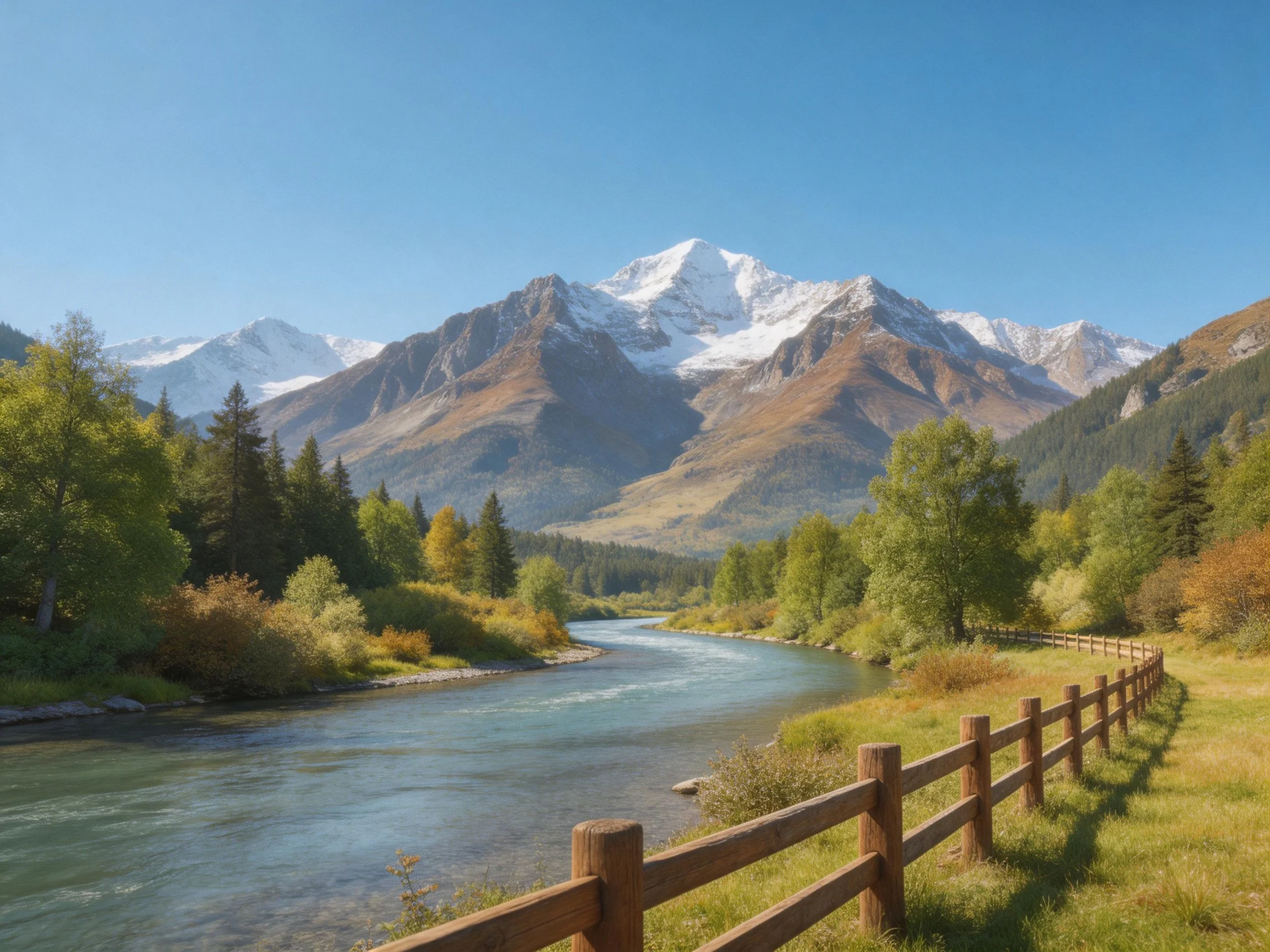 Snow-capped mountains overlook a winding river with wooden fence and vibrant foliage
