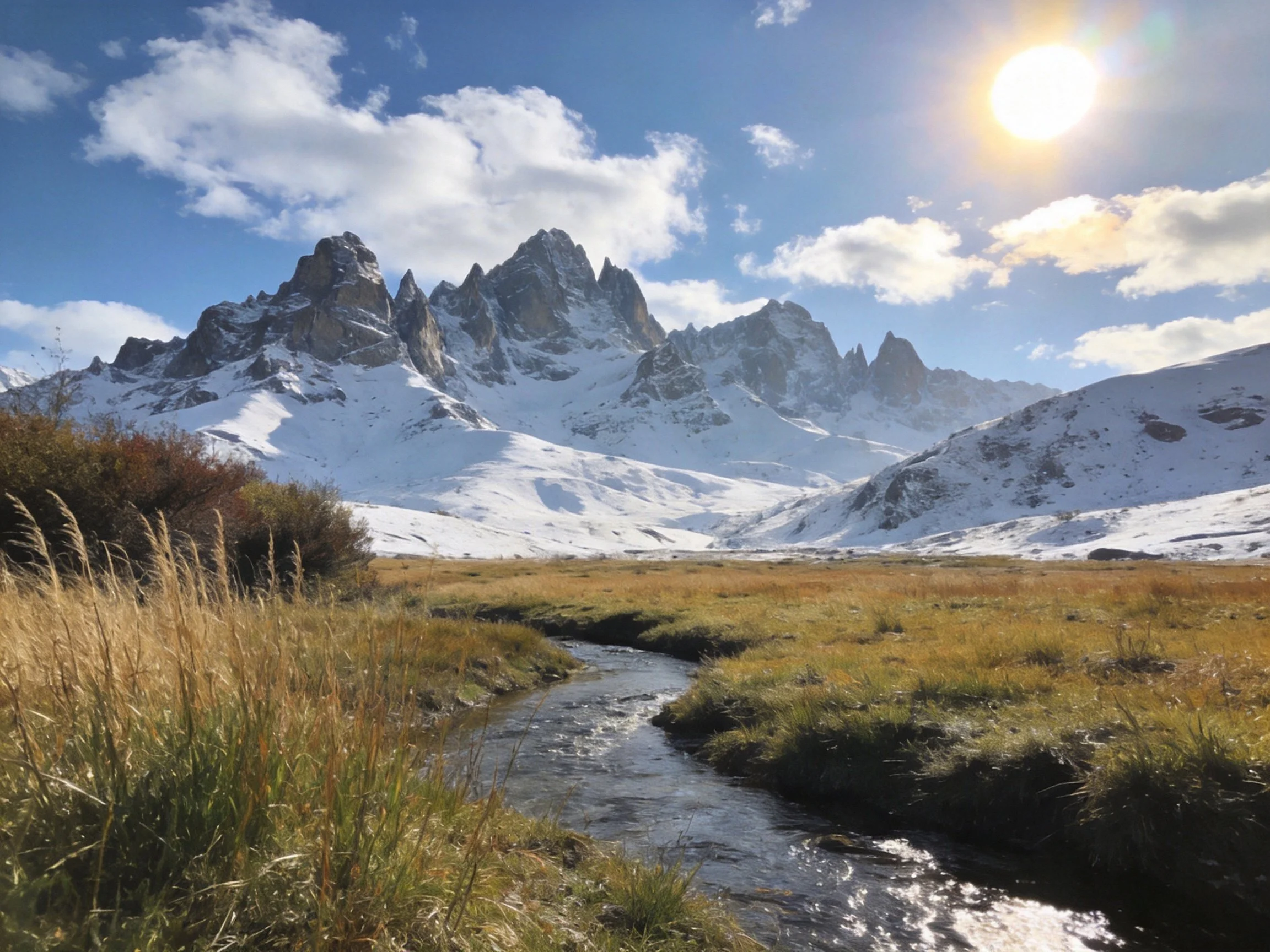 Snow - capped mountains overlook a winding stream and grassy valley