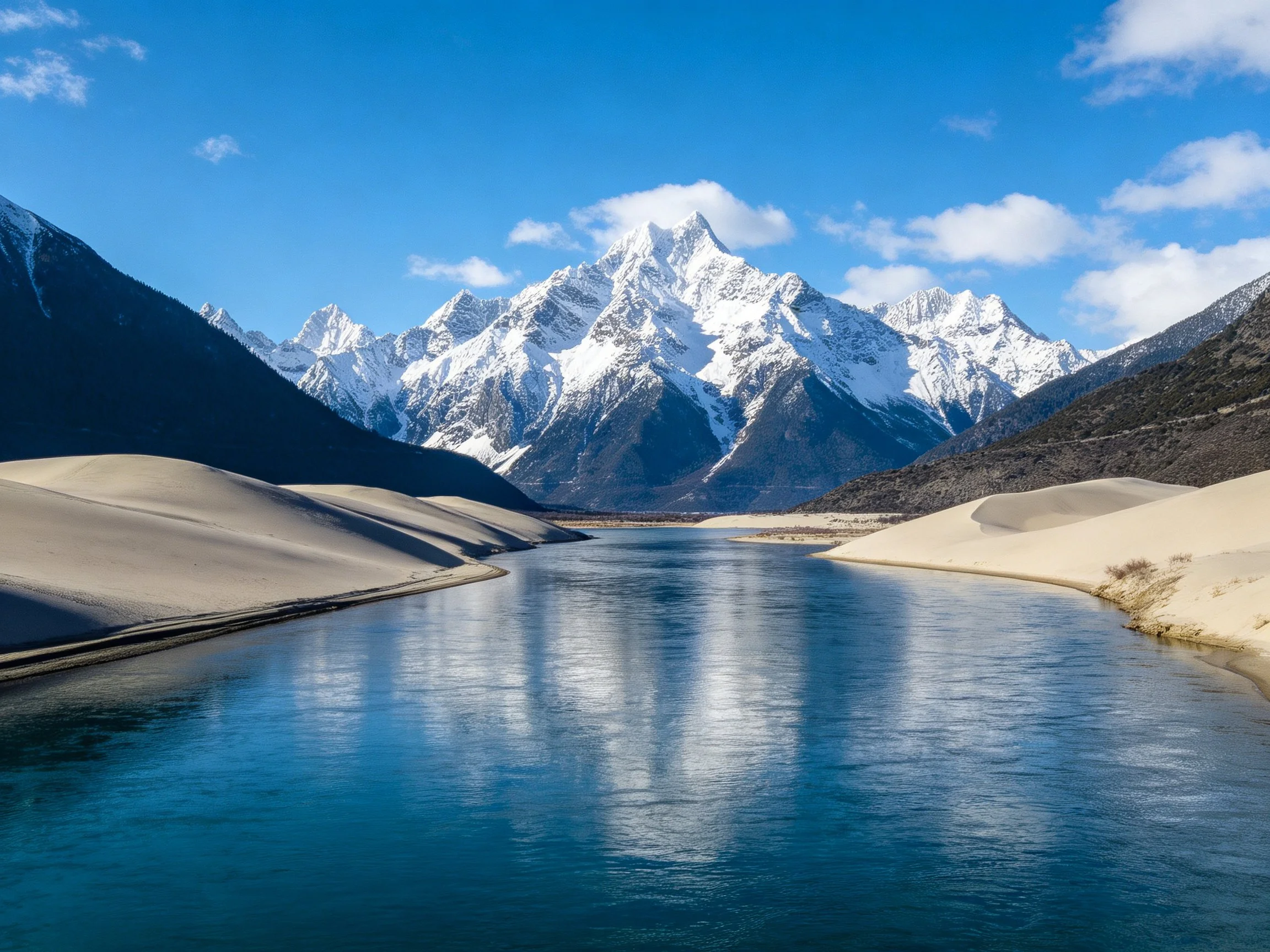 Snow-capped mountains overlook calm water between sand dunes