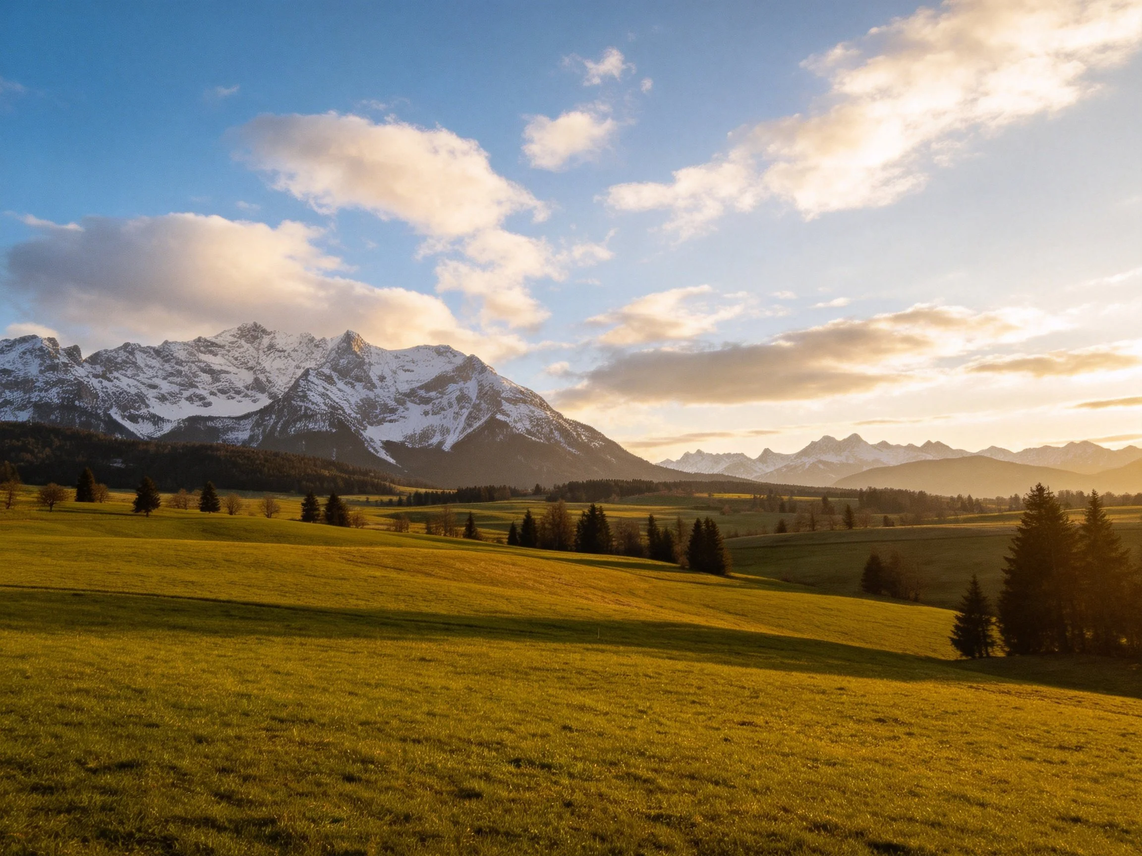 Snow-capped mountains overlook golden meadows and scattered evergreens