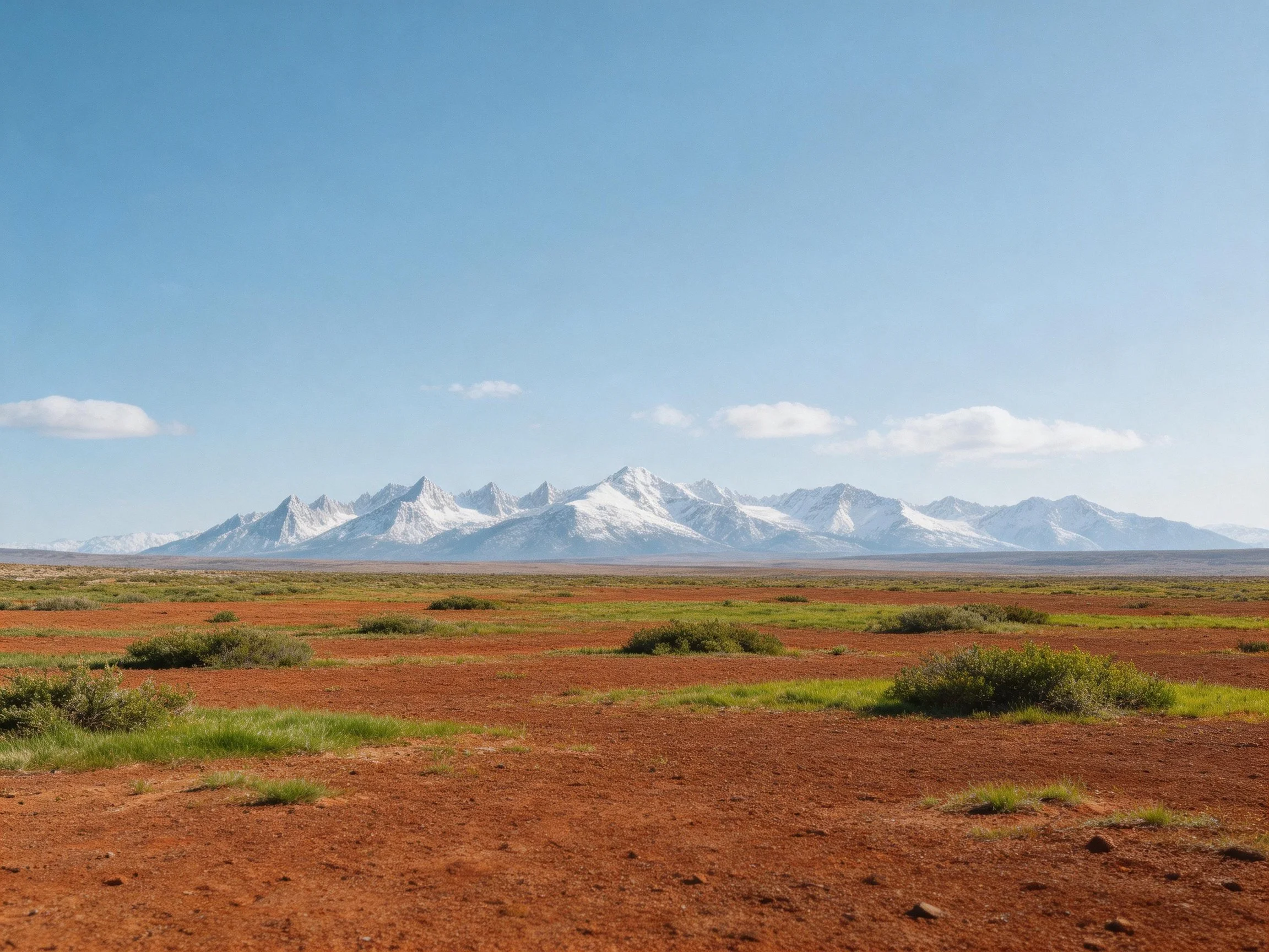 Snow-capped mountains overlook reddish plains with scattered green vegetation
