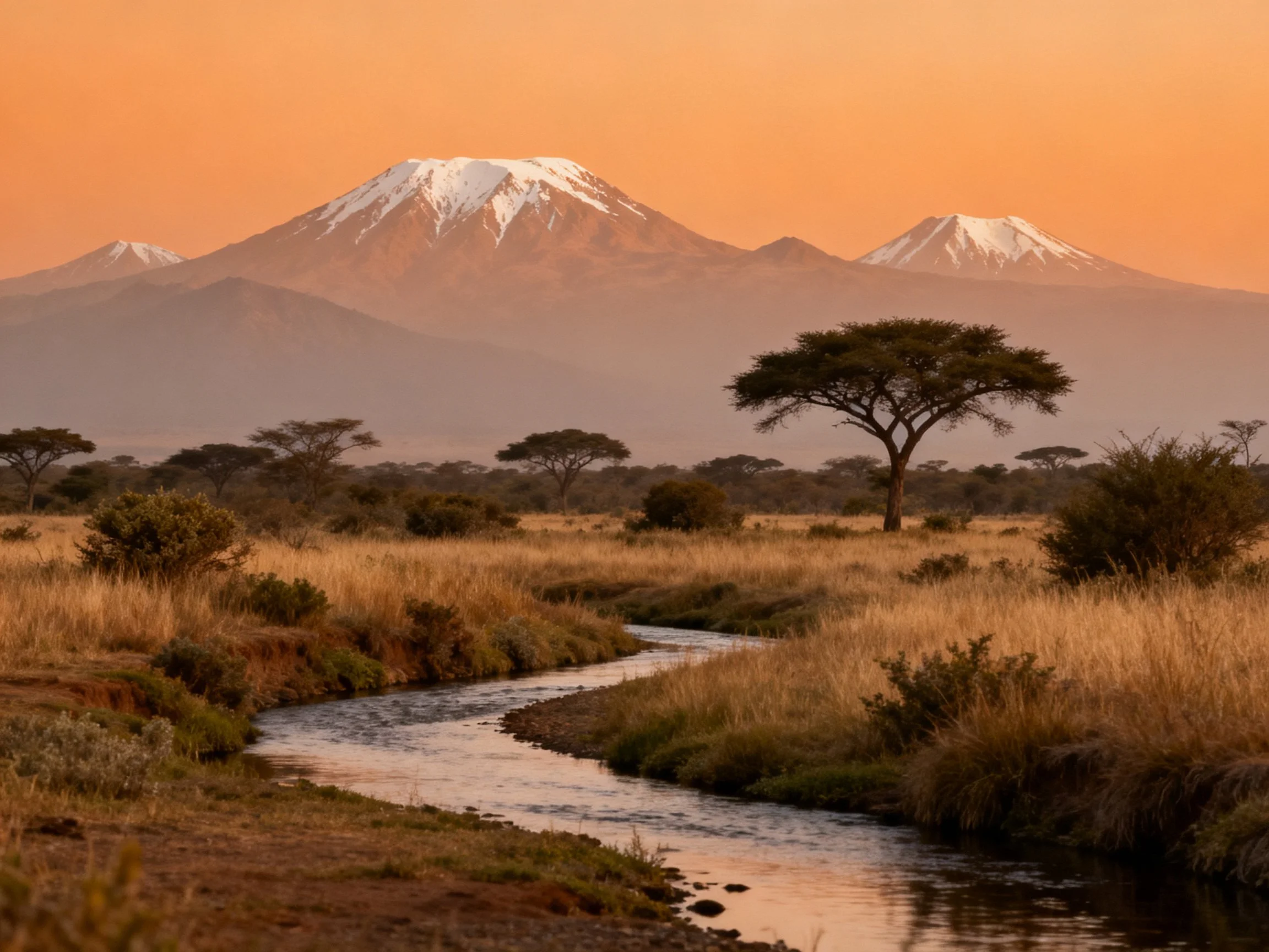 Snow-capped mountains overlook savannah with winding stream and acacia tree