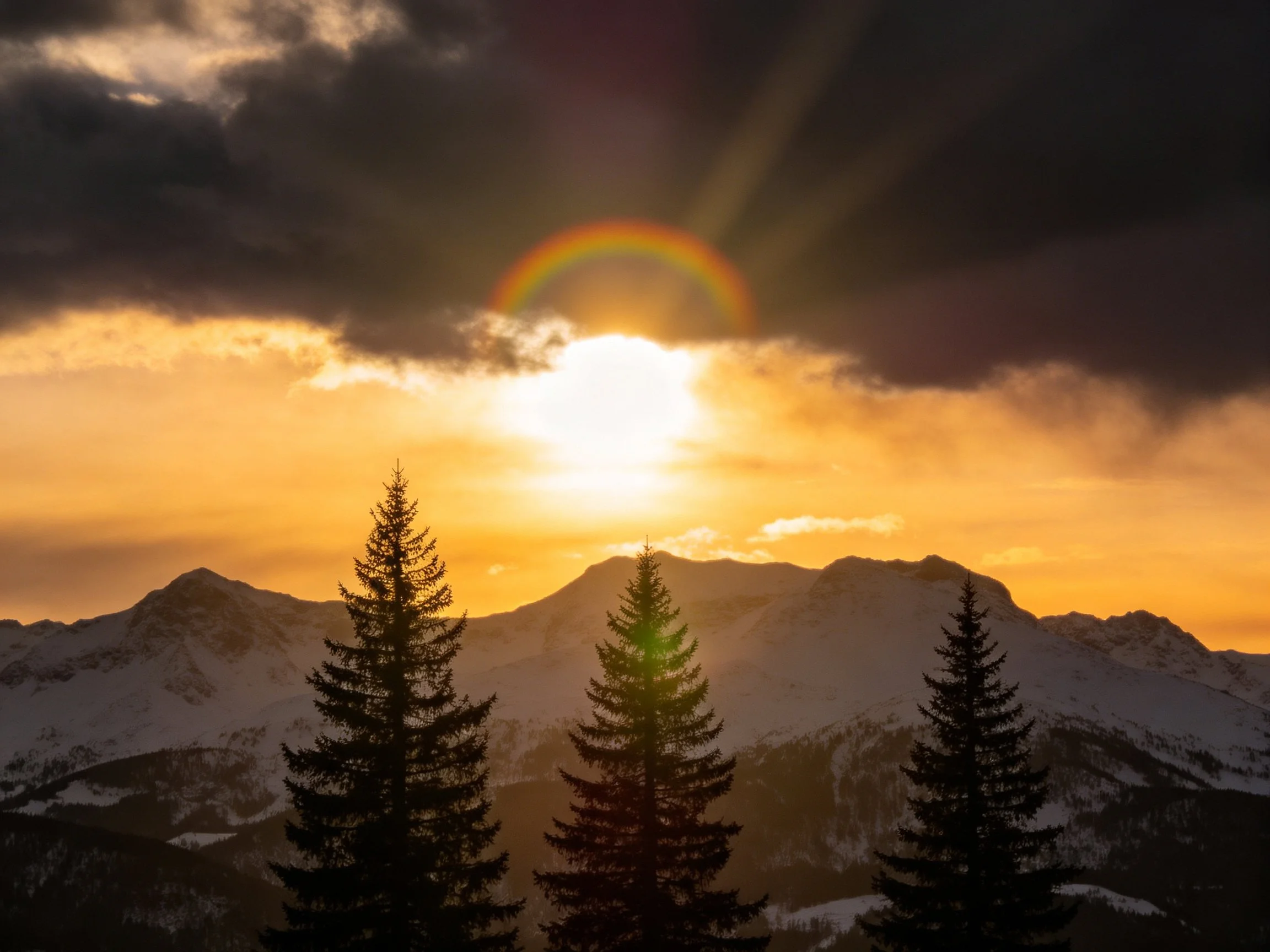 Snow-capped mountains, pine trees, golden sunset with sun halo