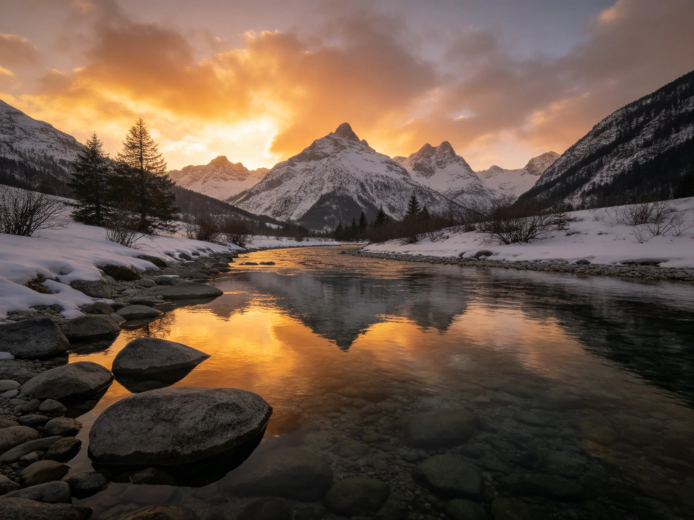 Snow-capped mountains reflect golden sunset over crystal-clear river