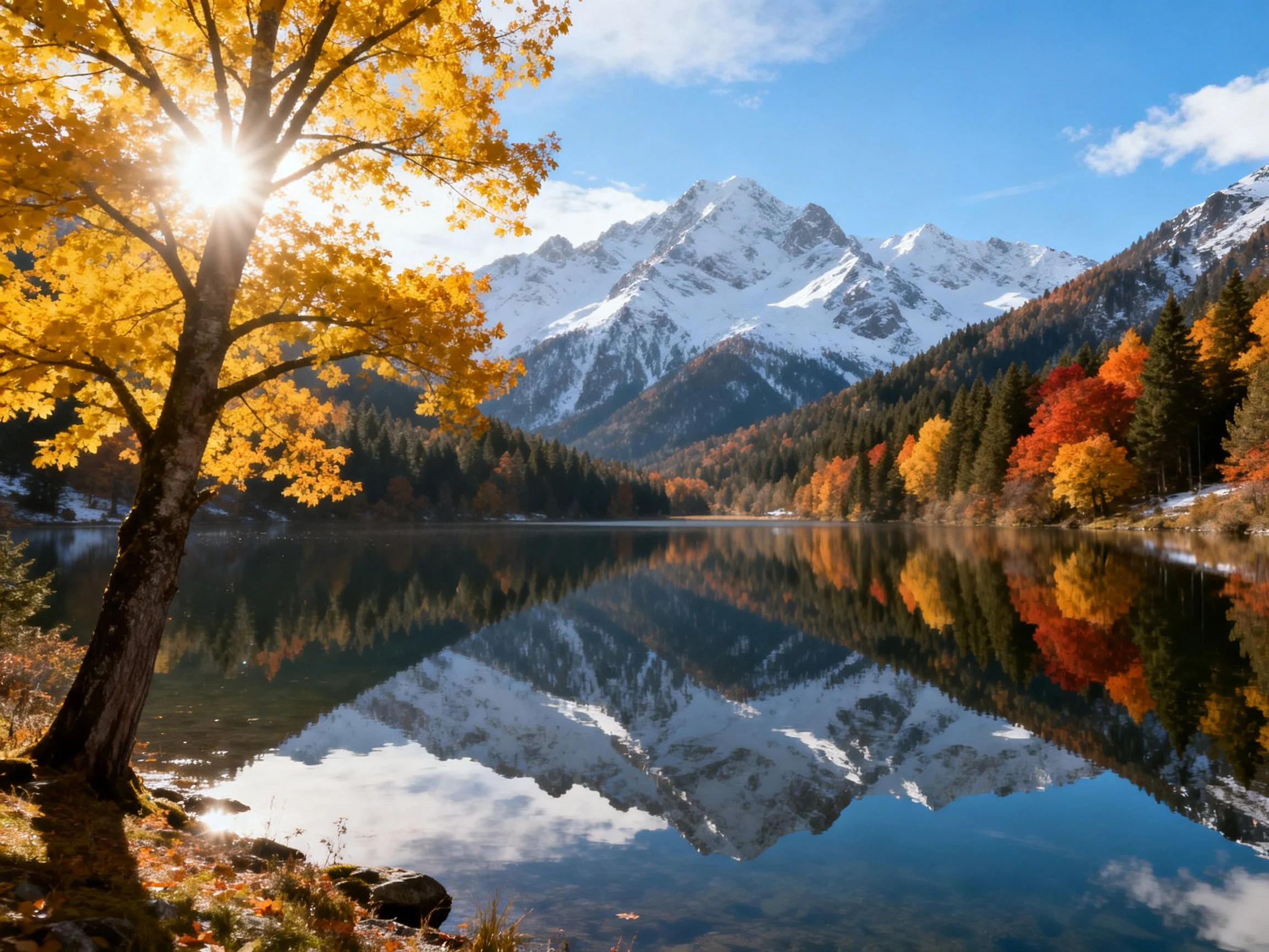 Snow-capped mountains reflect in a calm autumn lake with golden trees