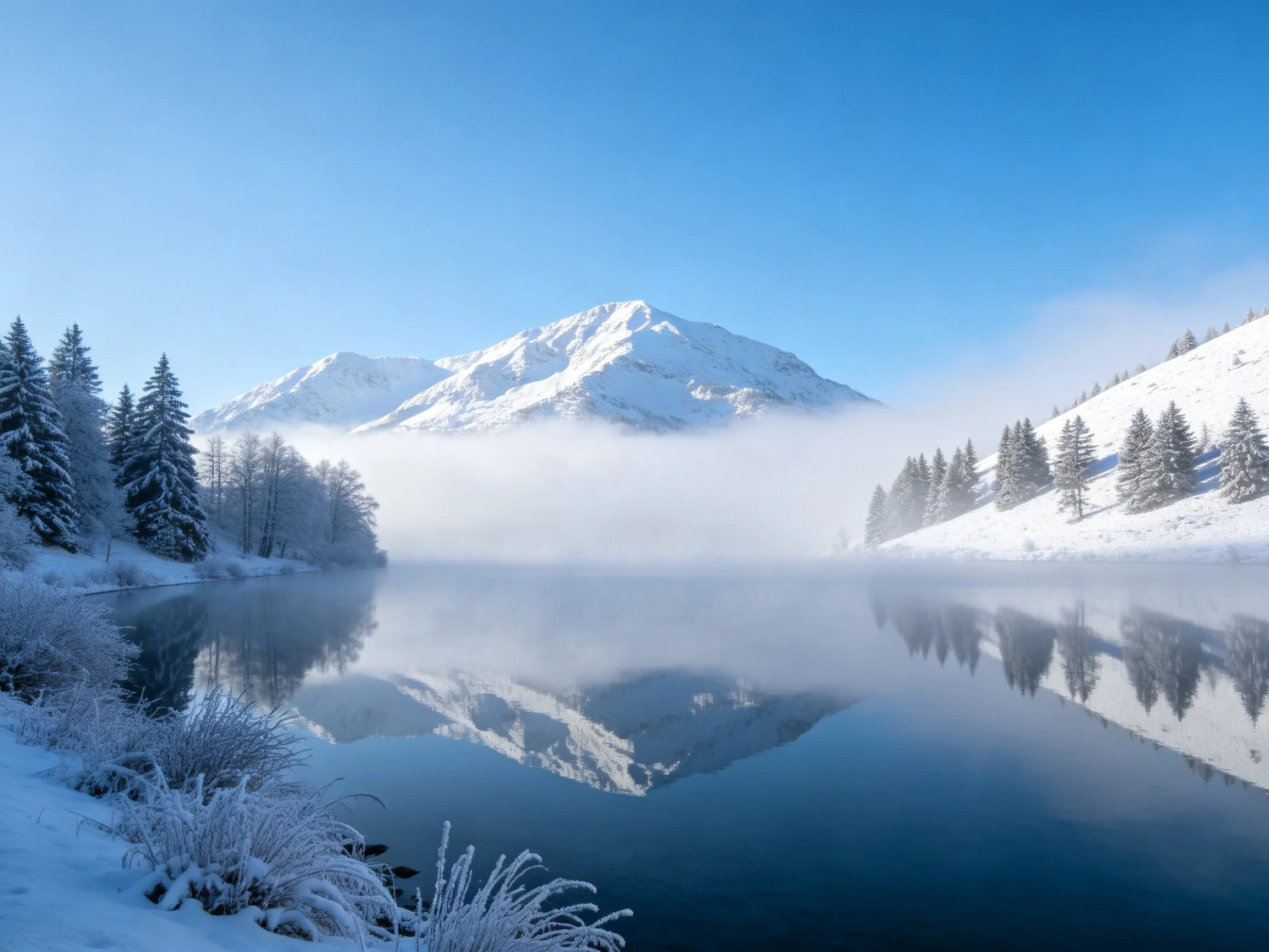 Snow-capped mountains reflect in a calm, blue-tinted winter lake