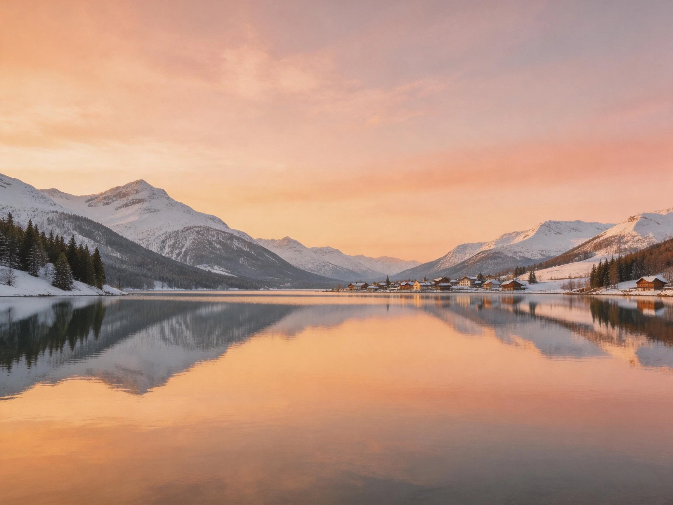 Snow - capped mountains reflect in a calm lake near a village under a pink sky.