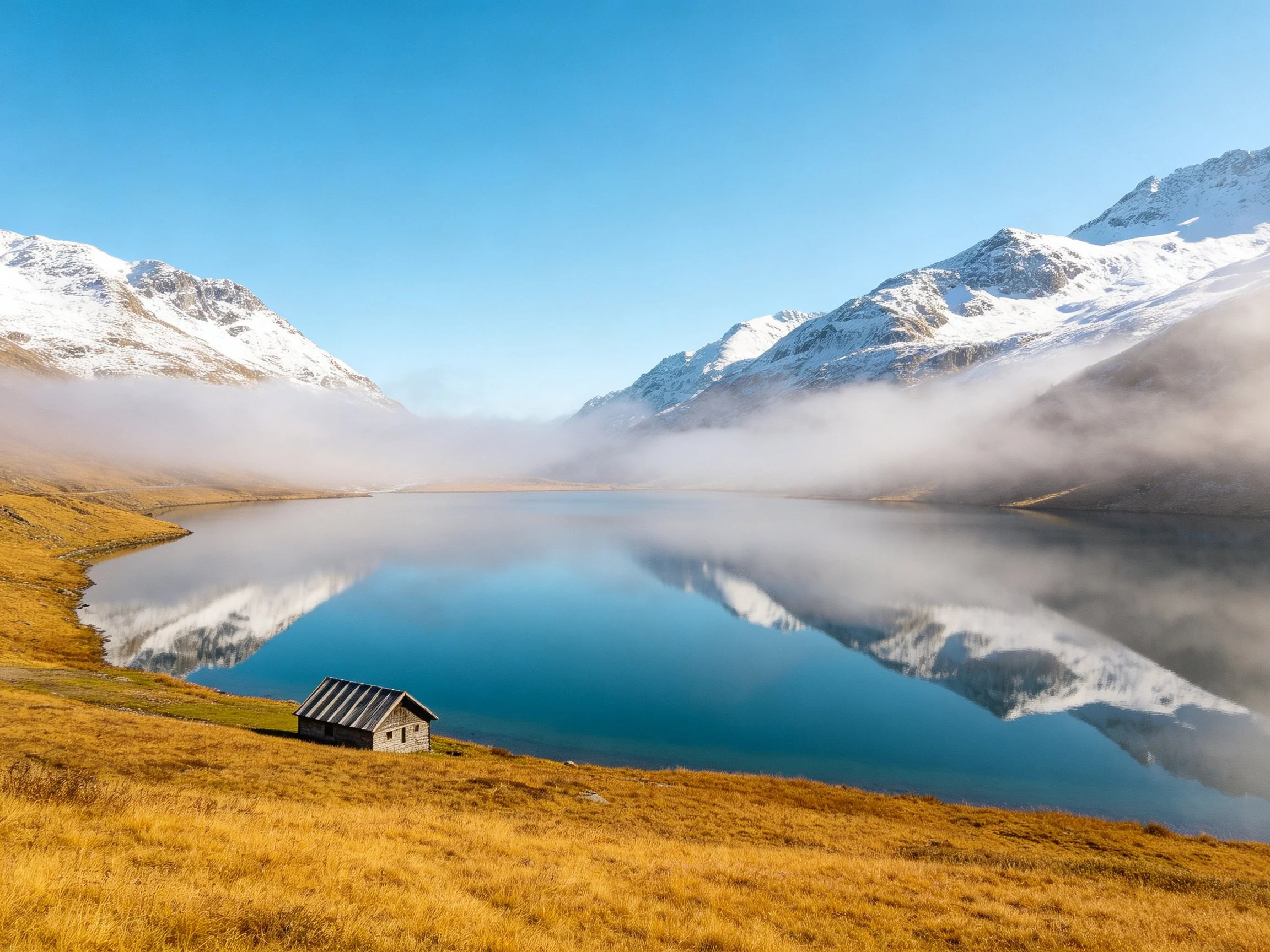 Snow - capped mountains reflect in a calm lake near a wooden cabin