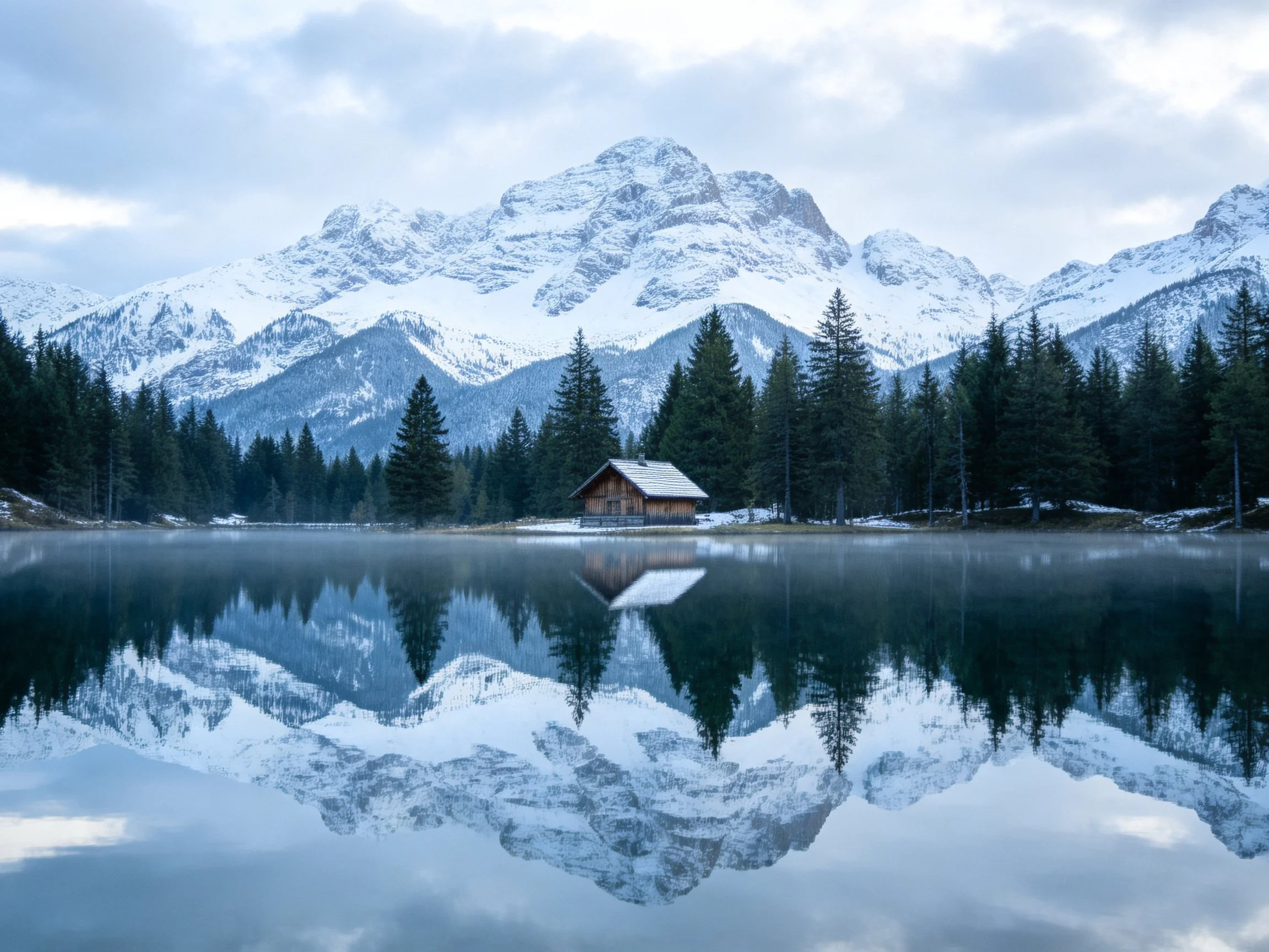 Snow-capped mountains reflect in a calm lake near a wooden cabin