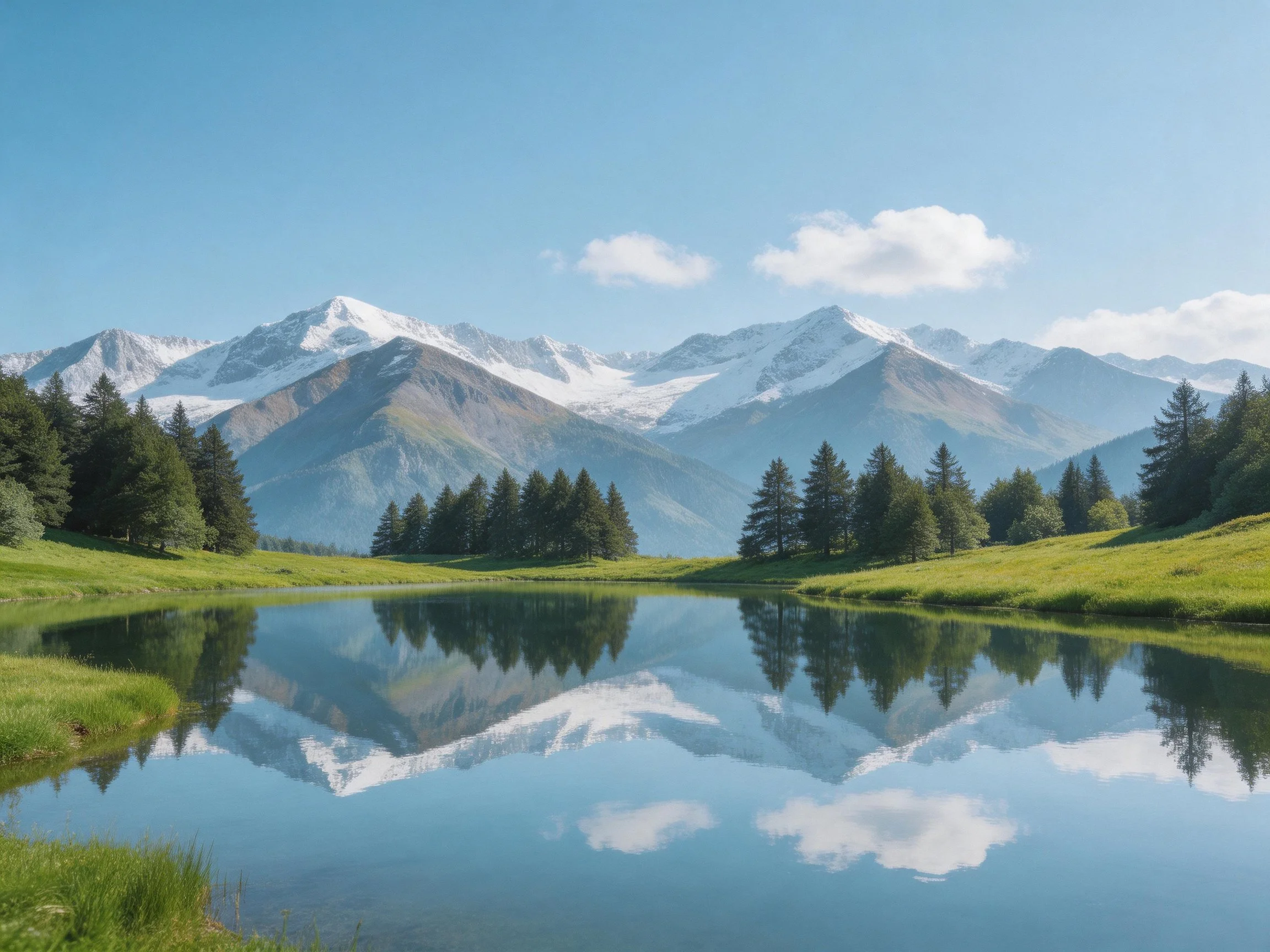 Snow-capped mountains reflect in a calm lake near pine forests