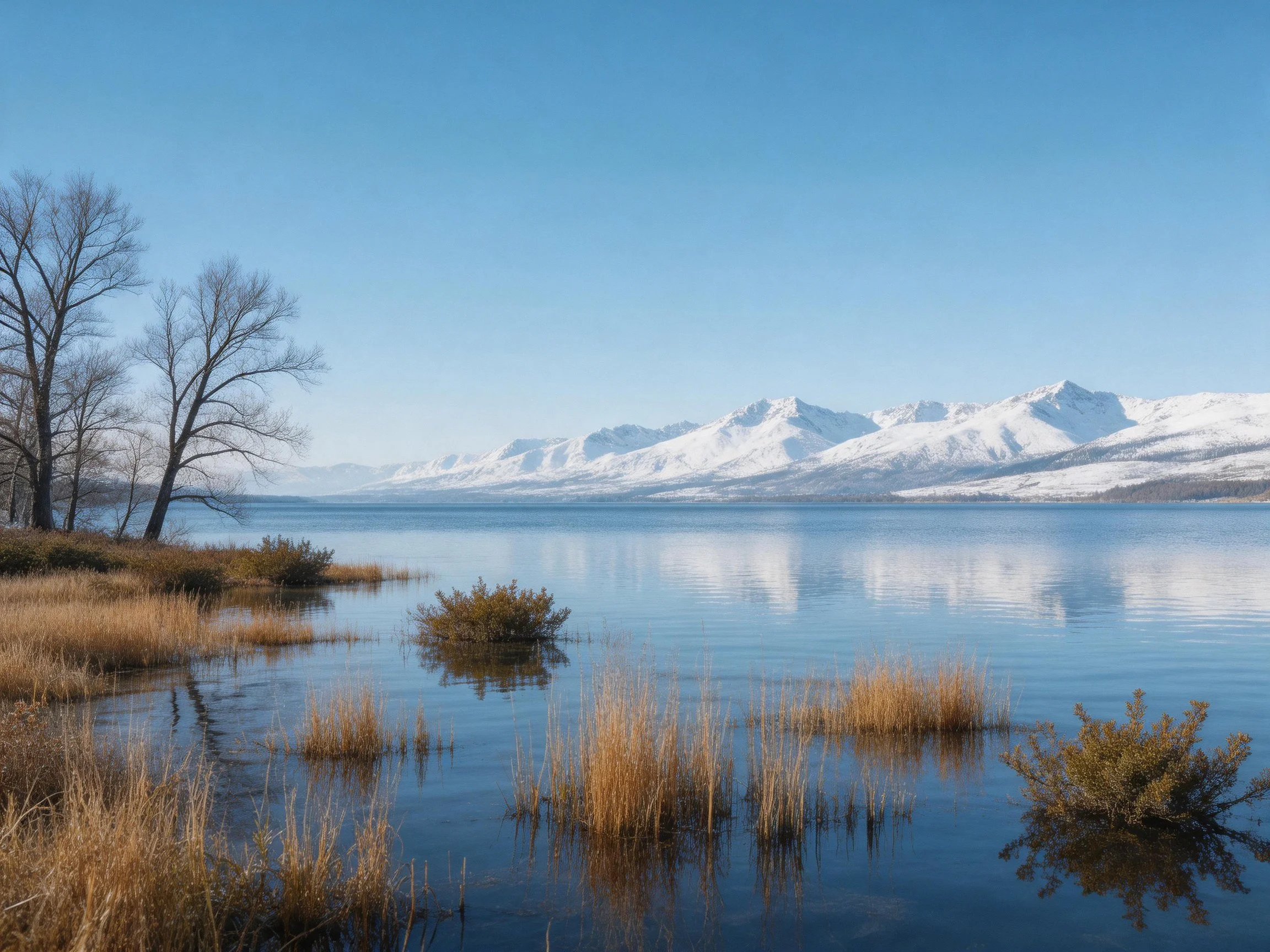 Snow - capped mountains reflect in a calm lake with bare trees nearby