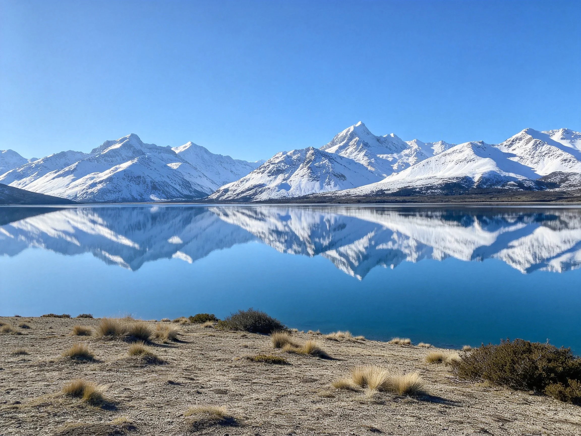 Snow - capped mountains reflect in a clear blue lake with dry terrain nearby