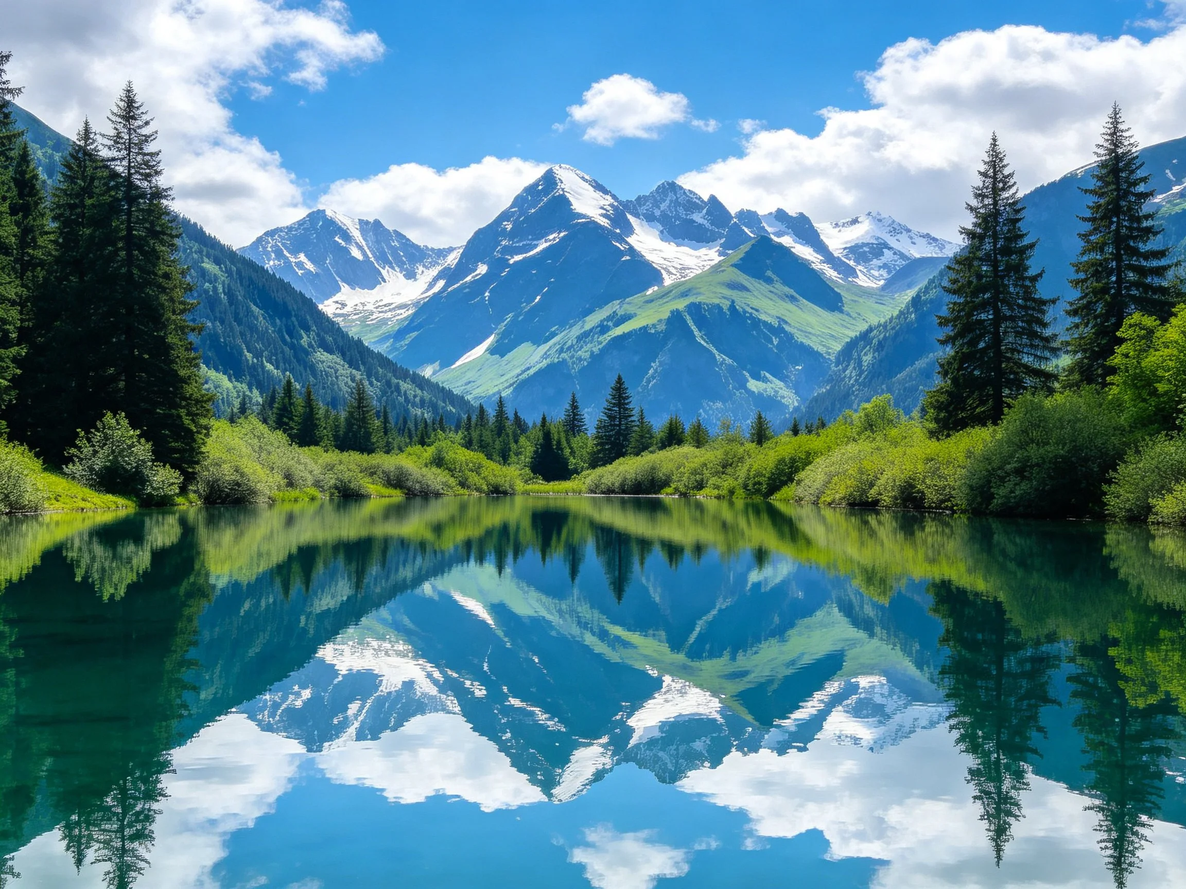 Snow-capped mountains reflect in a clear turquoise lake