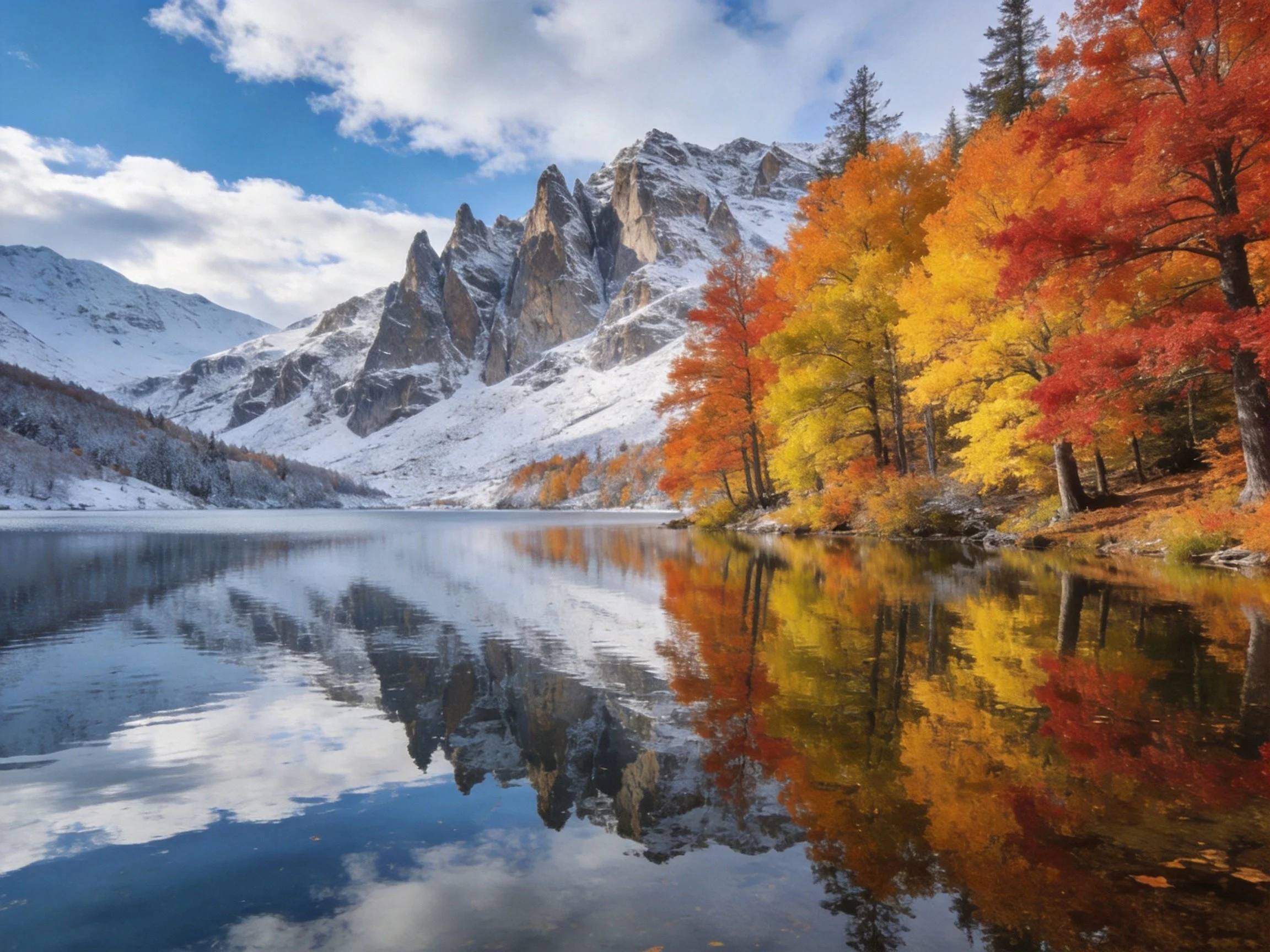 Snow - capped mountains reflect in a lake with vibrant autumn foliage