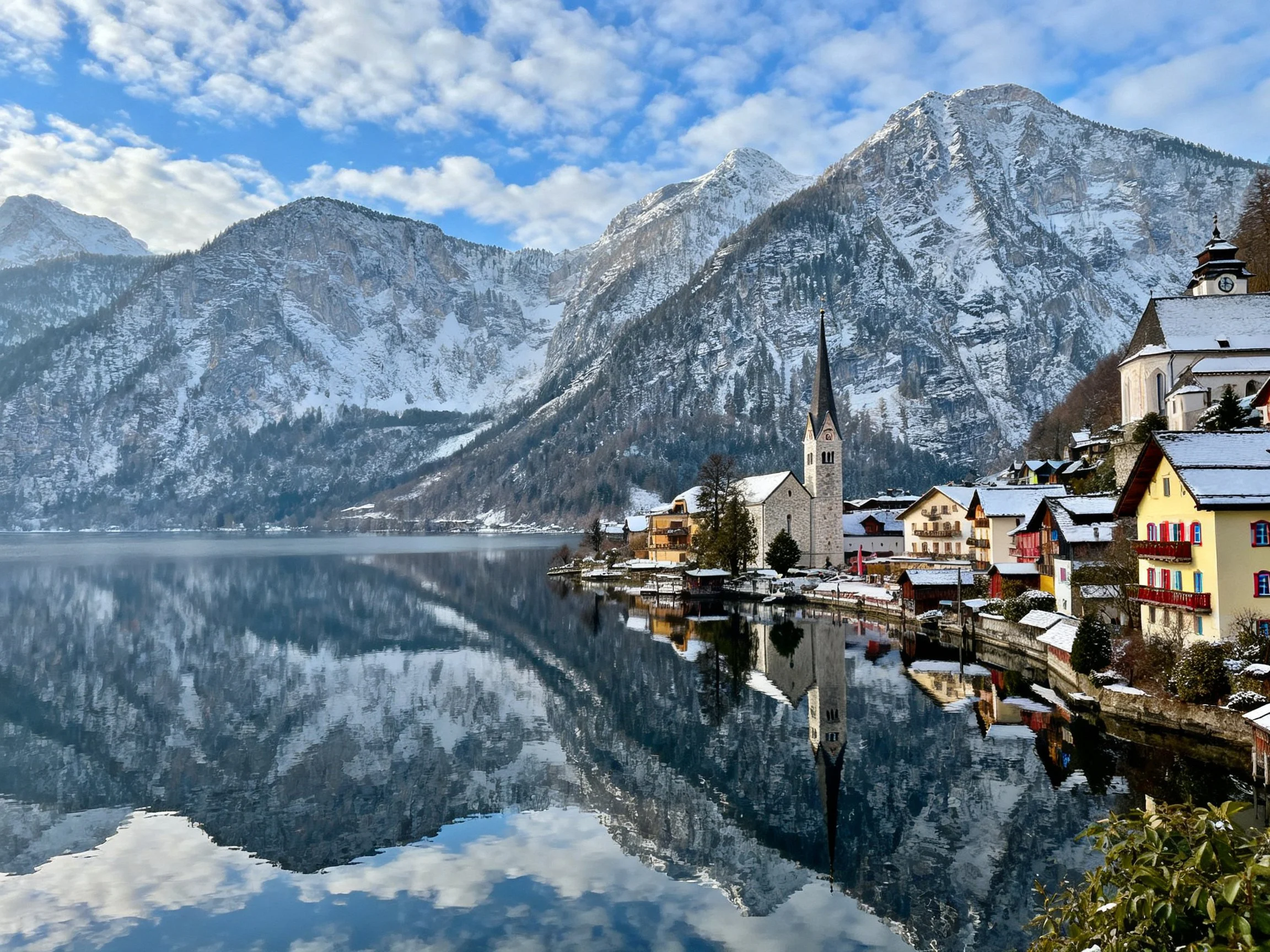 Snow-capped mountains reflect in a peaceful lake beside quaint villages