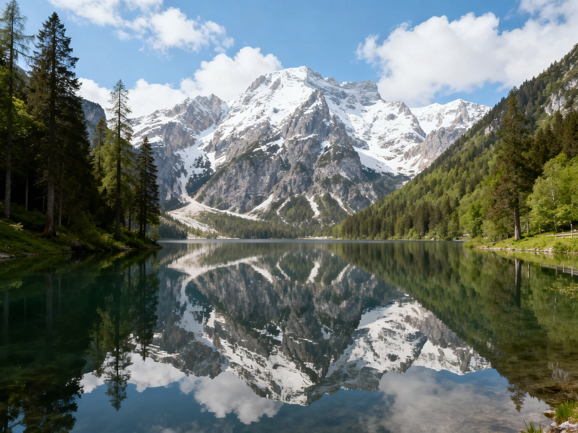 Snow-capped mountains reflect in a serene alpine lake flanked by dense forests