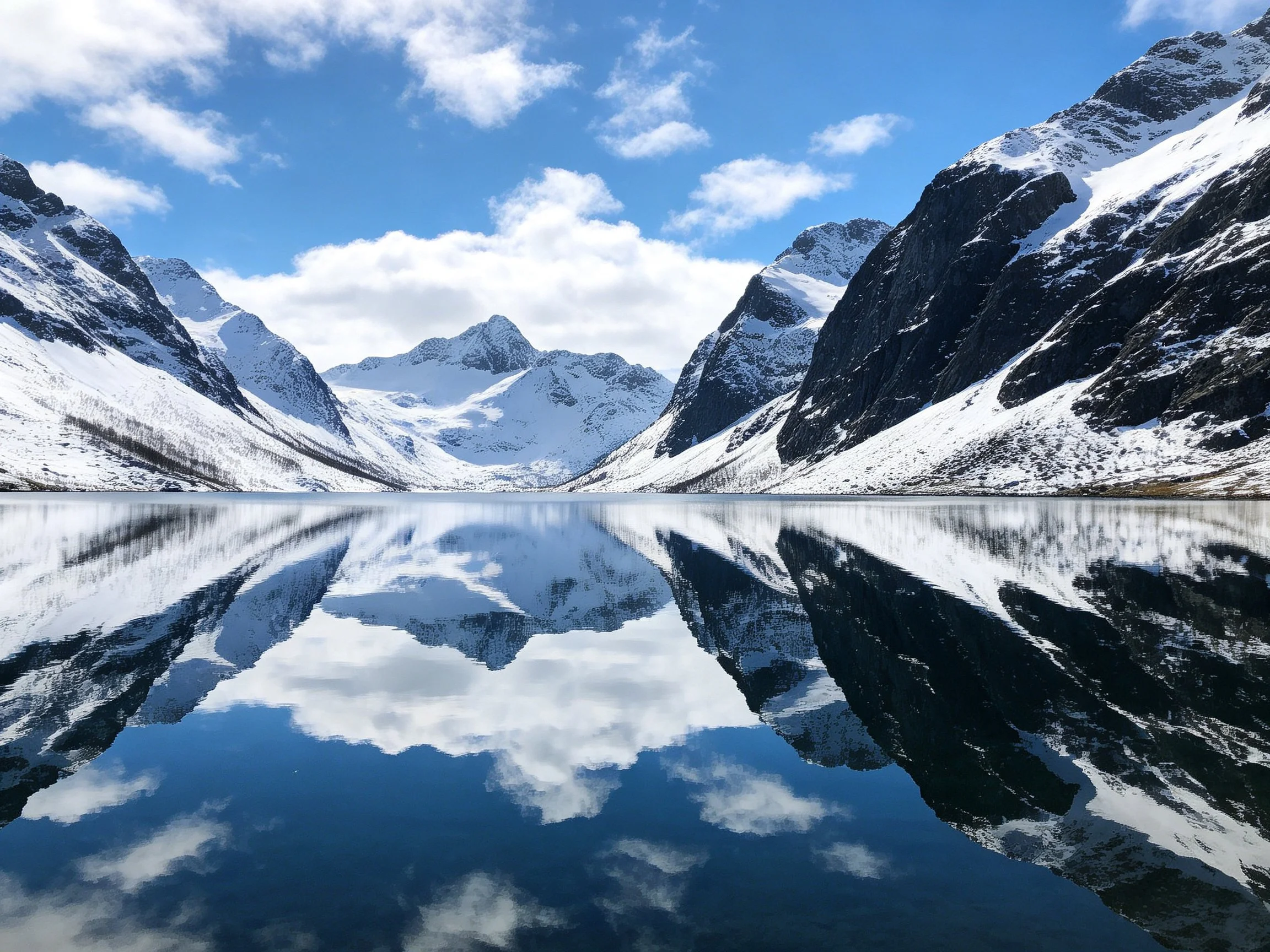 Snow-capped mountains reflect in a serene alpine lake