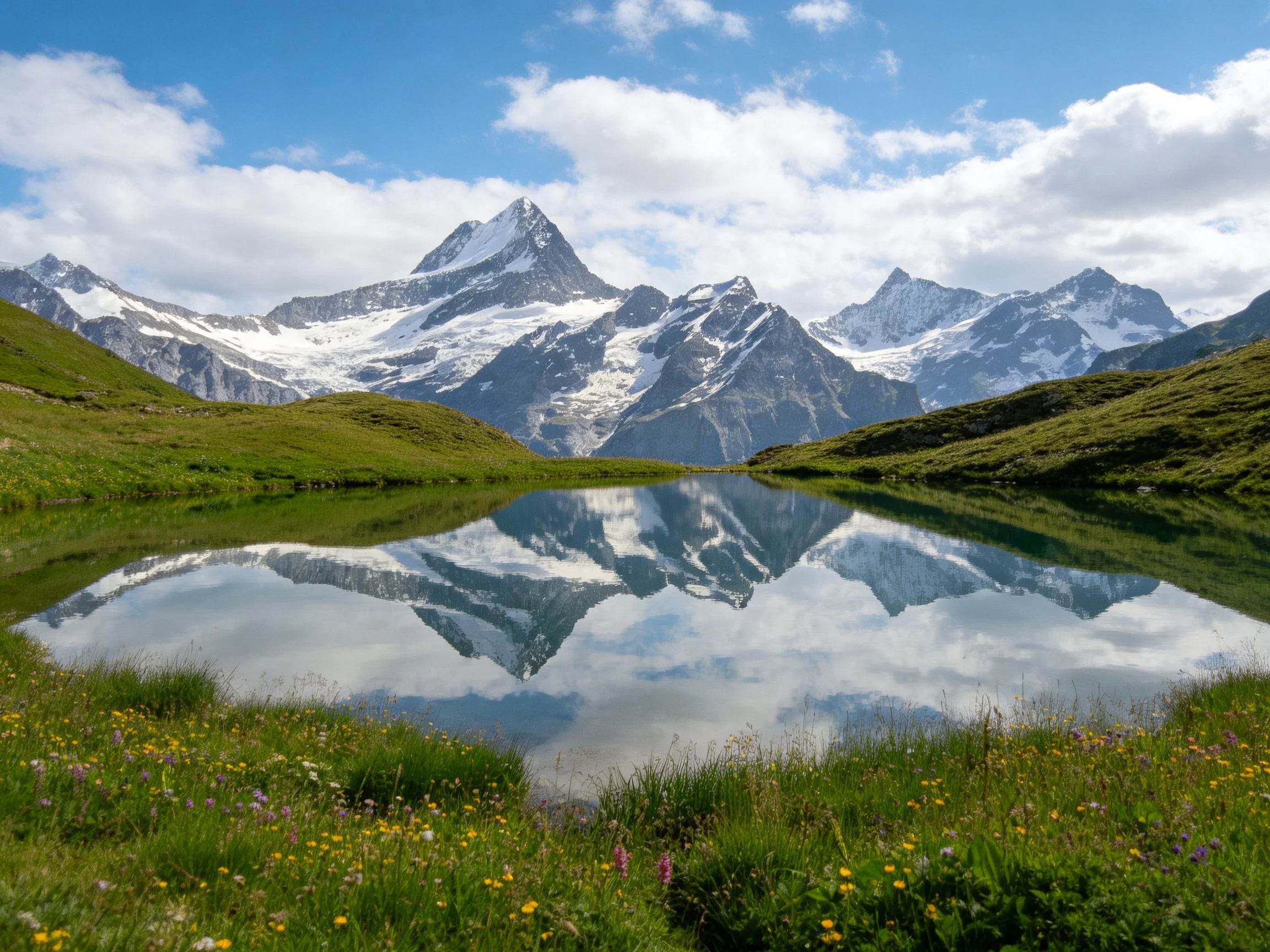 Snow-capped mountains reflect in a serene alpine lake with lush green meadows