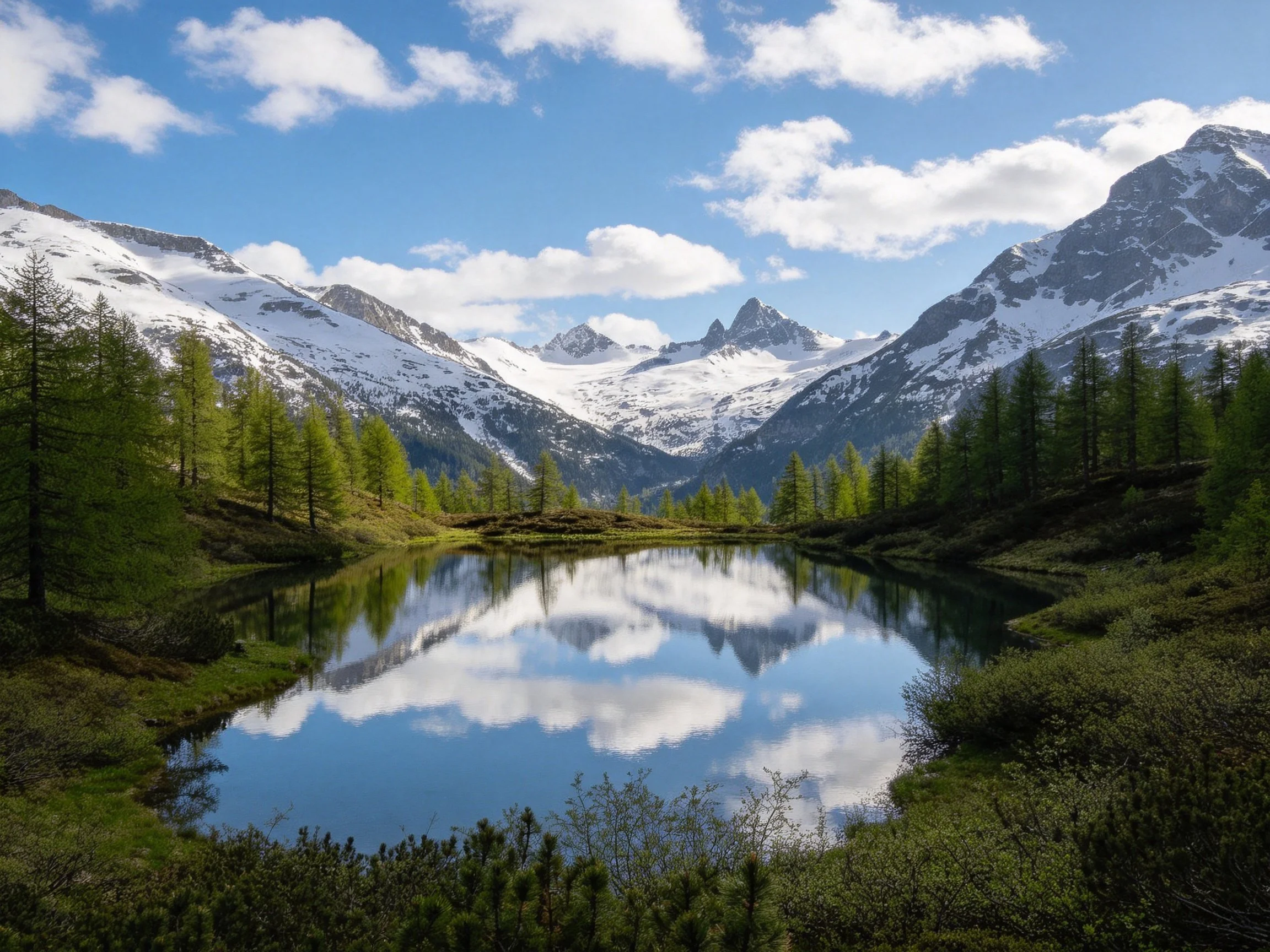 Snow-capped mountains reflect in a serene alpine lake with lush greenery