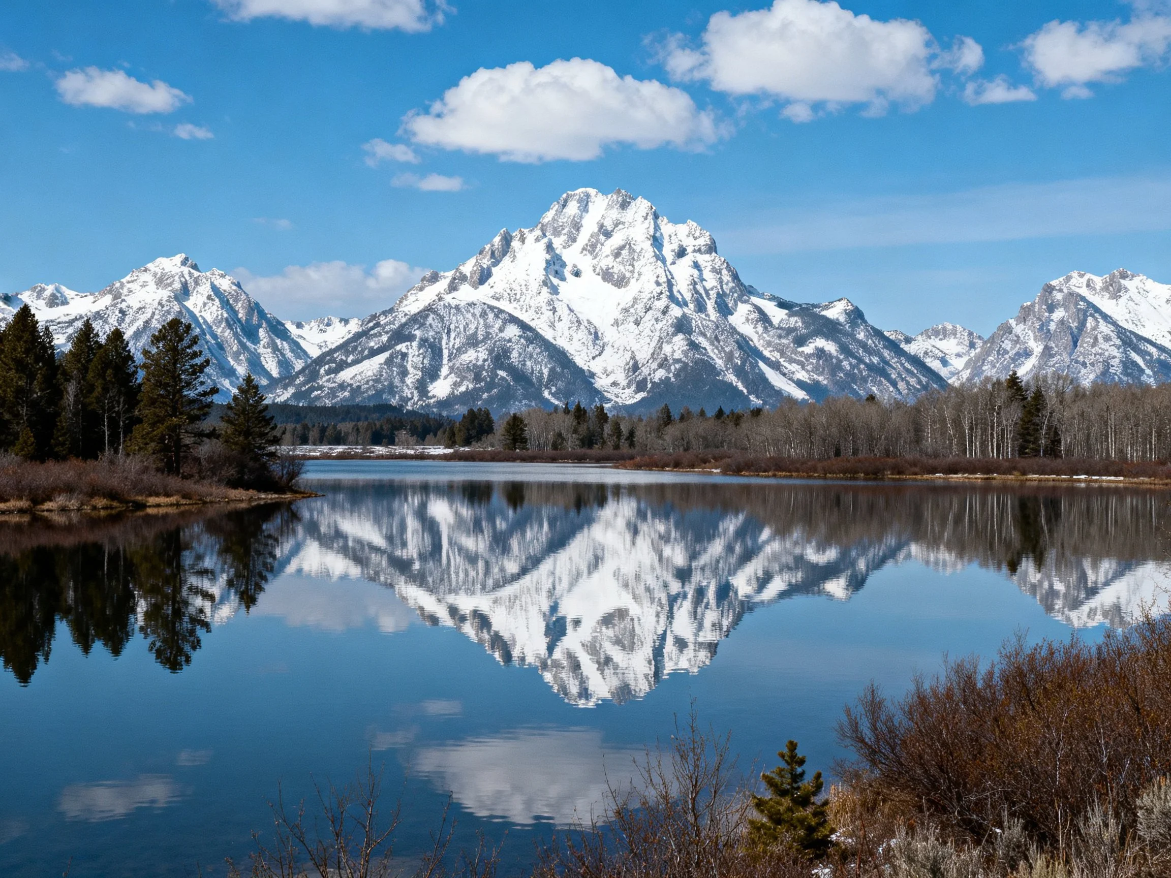 Snow-capped mountains reflect in a serene lake beneath blue sky