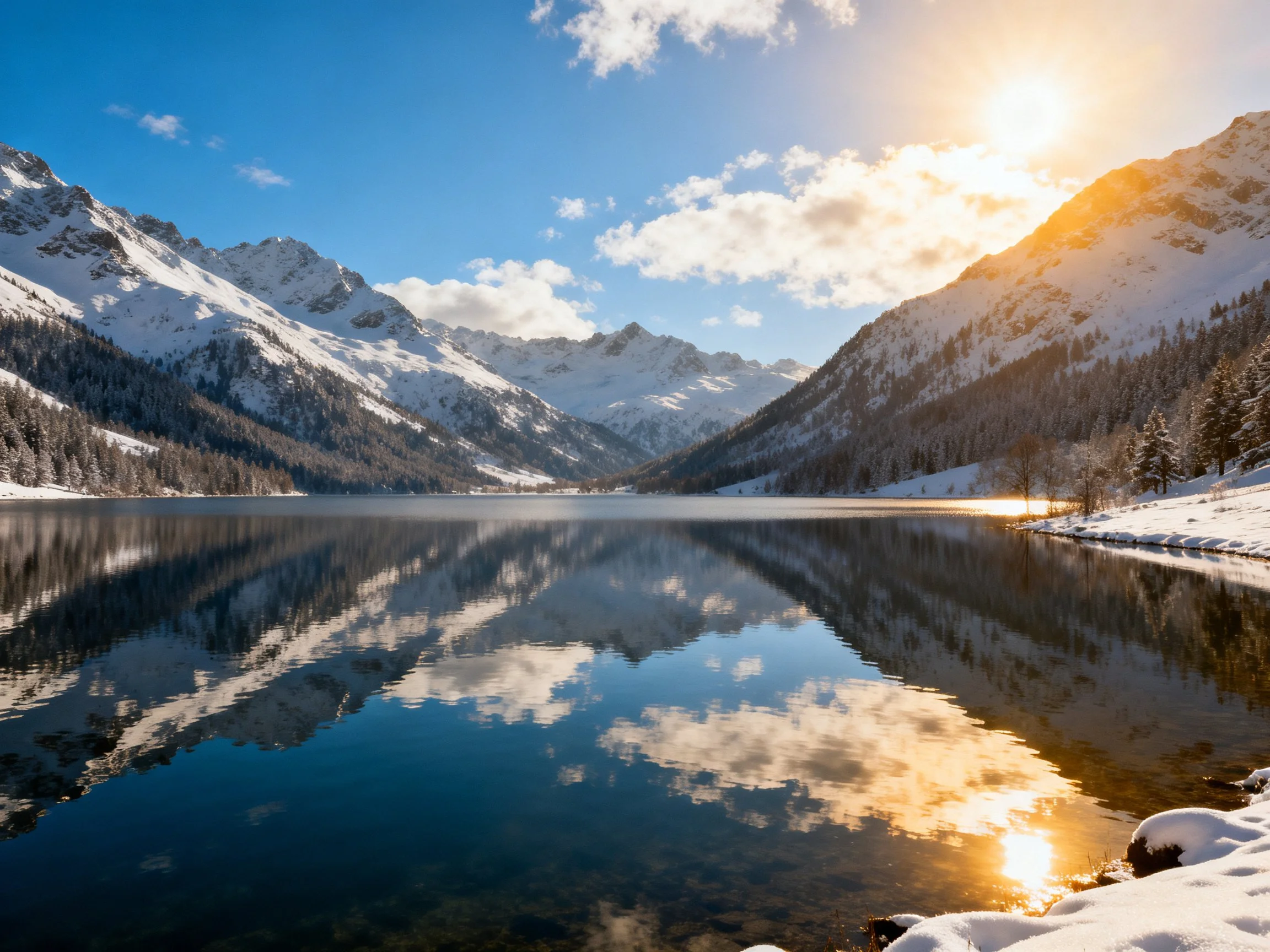 Snow-capped mountains reflect in a serene winter lake under sunny skies