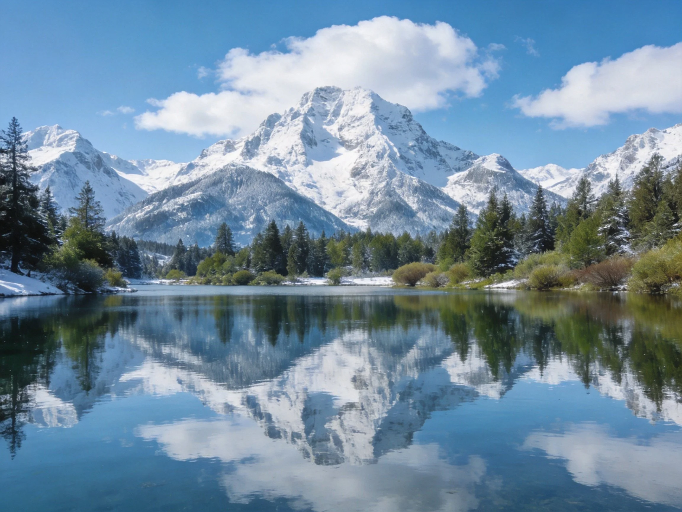 Snow - capped mountains reflect in a serene winter lake with evergreen forests