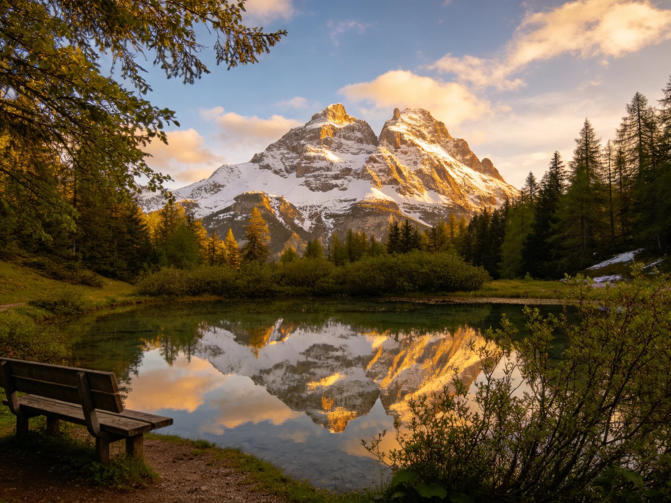 Snow - capped mountains reflect in a tranquil alpine lake