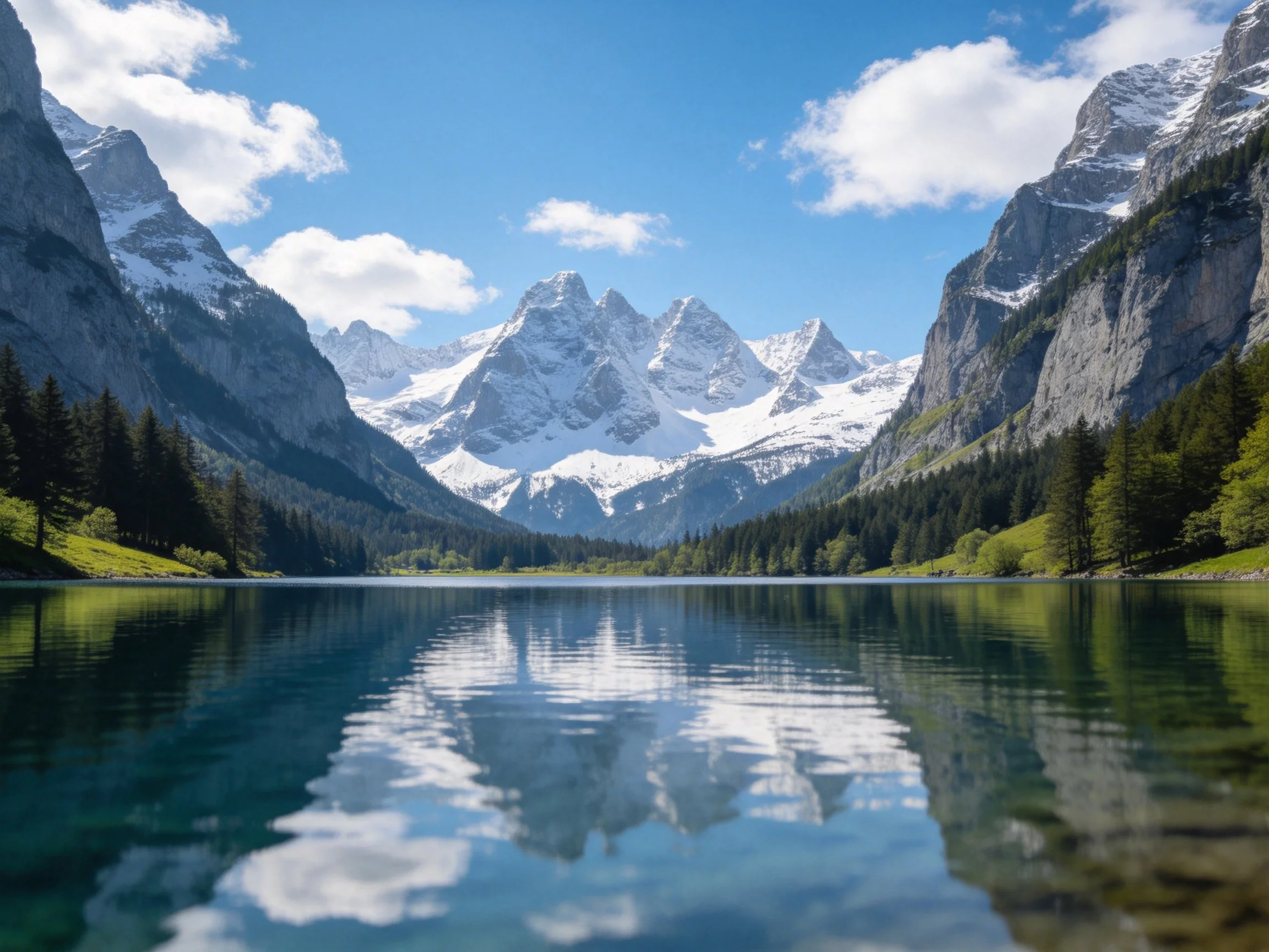 Snow-capped mountains reflect in a tranquil alpine lake