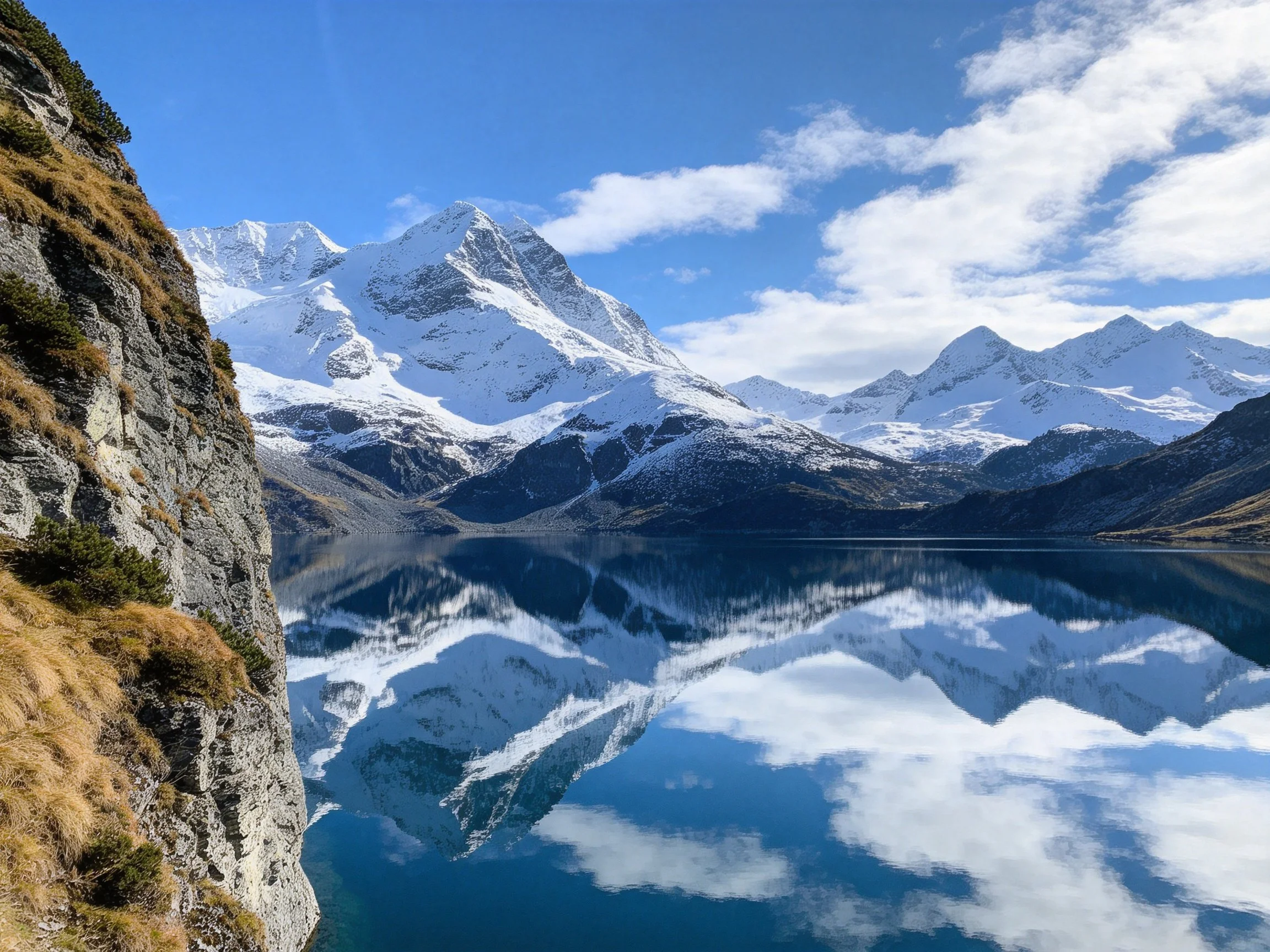 Snow - capped mountains reflect in a tranquil blue alpine lake