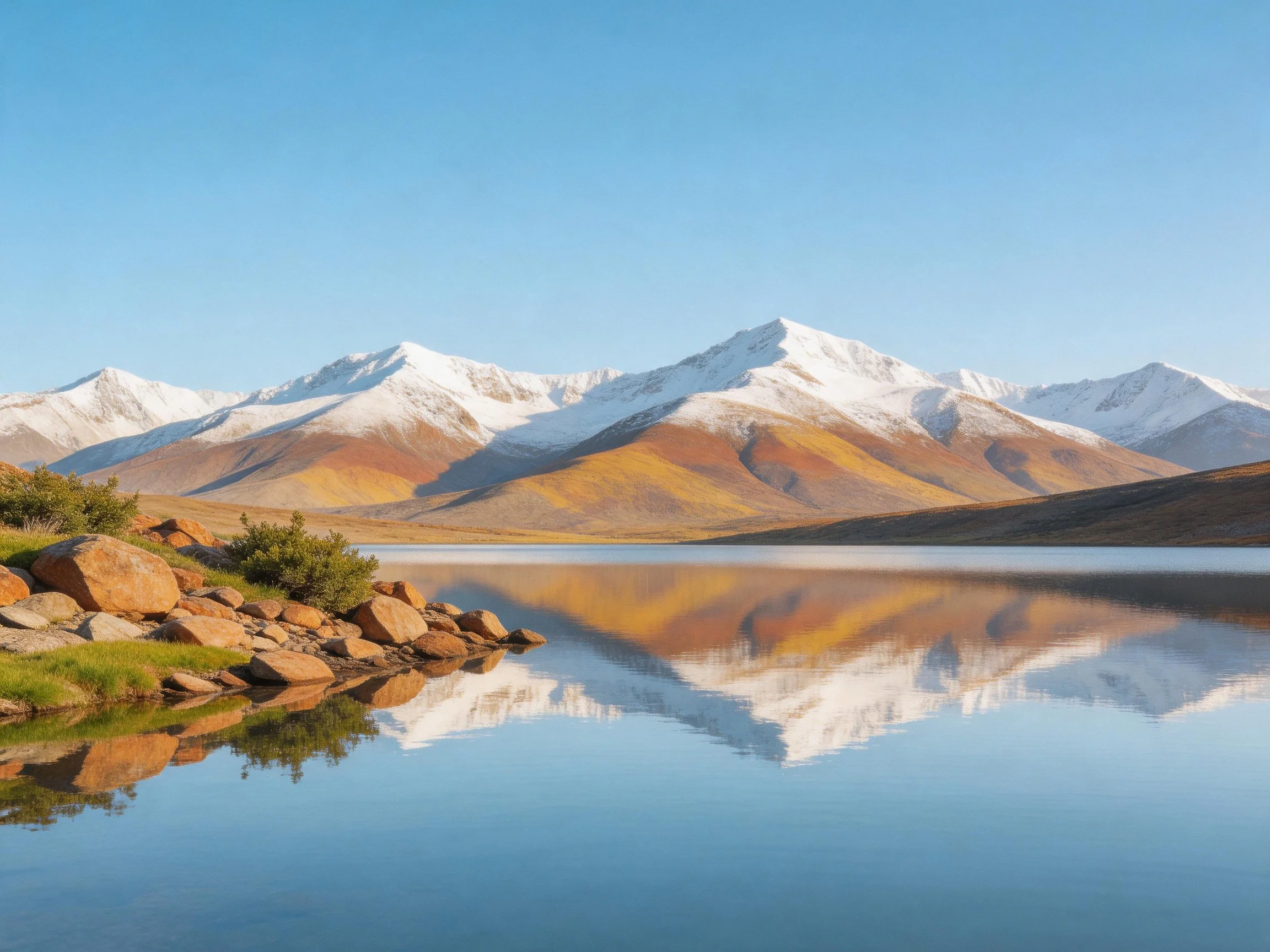 Snow-capped mountains reflect in a tranquil lake with rocky shoreline