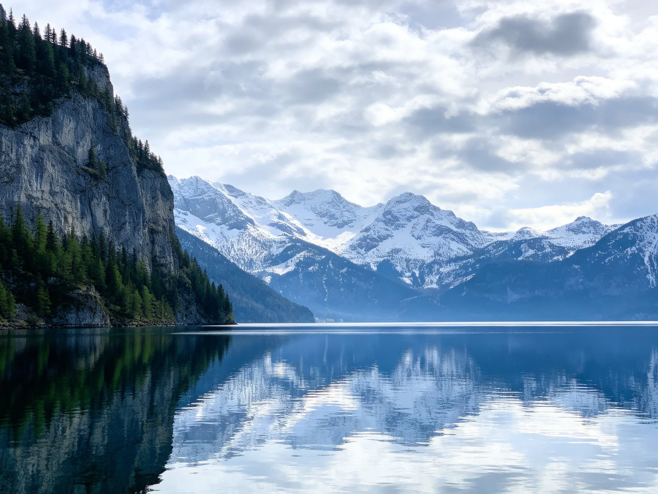 Snow - capped mountains reflect in calm blue lake beside rocky cliff