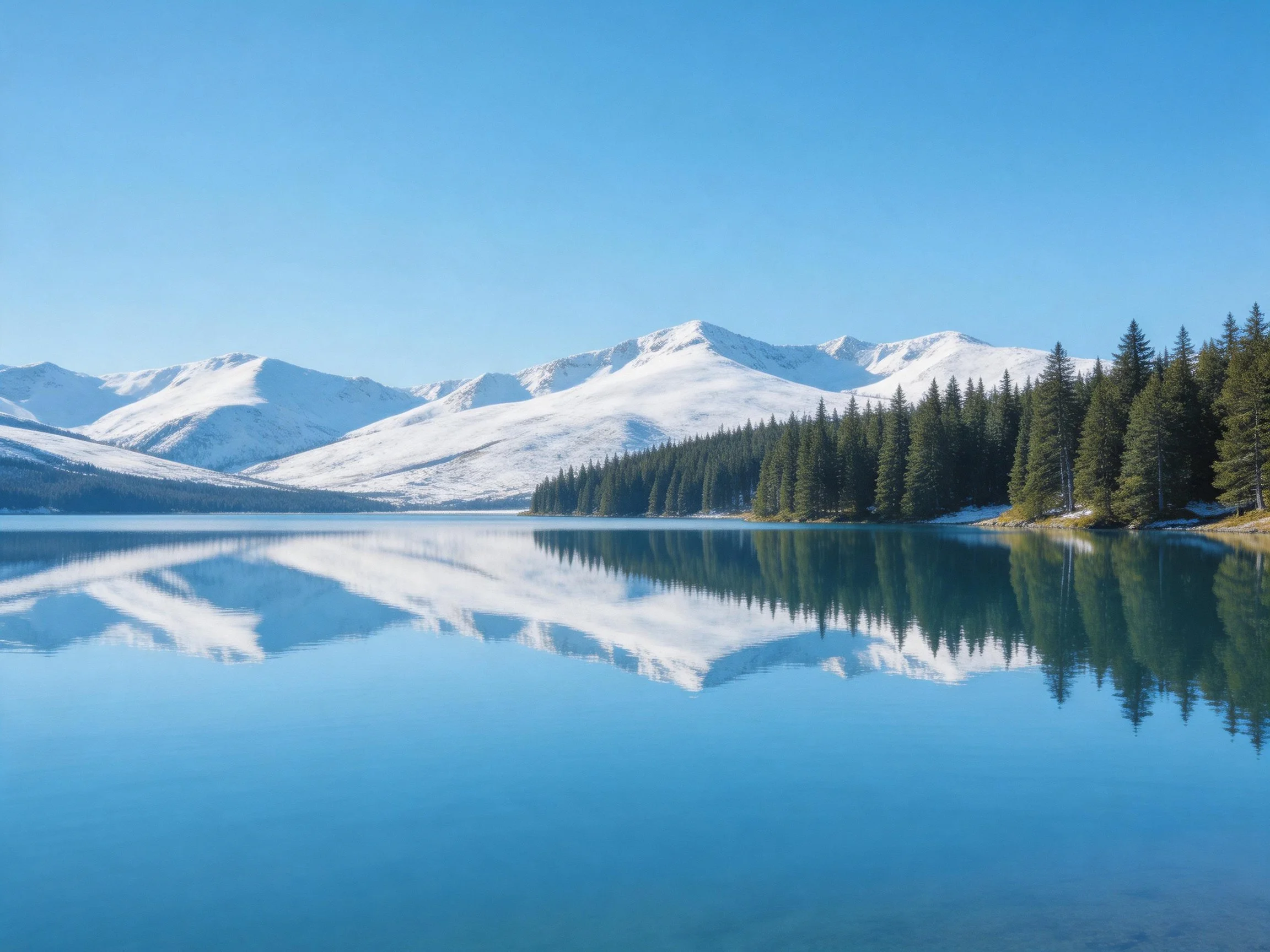 Snow - capped mountains reflect in calm blue lake near pine forest