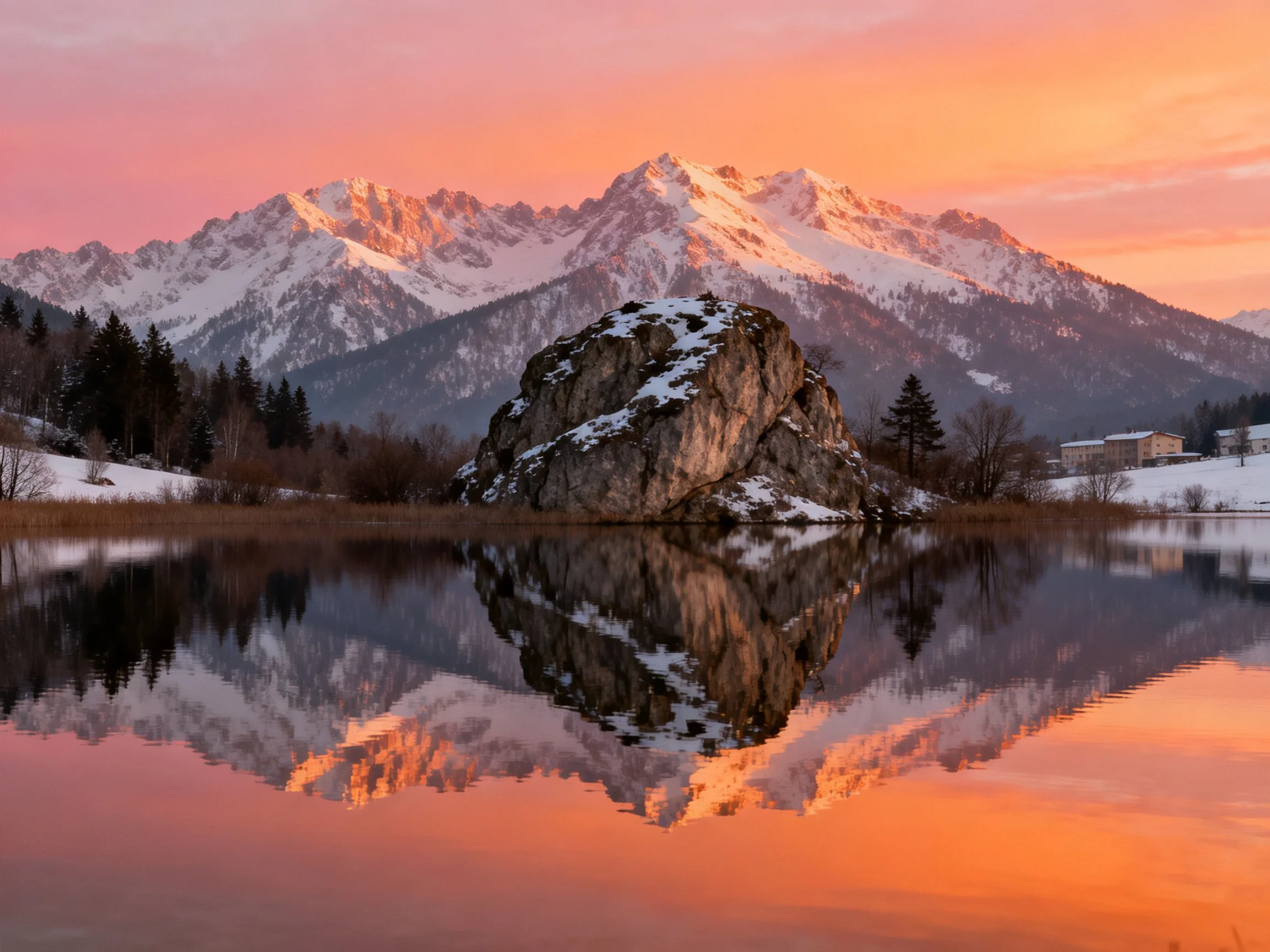 Snow-capped mountains reflect in calm lake during pink sunrise