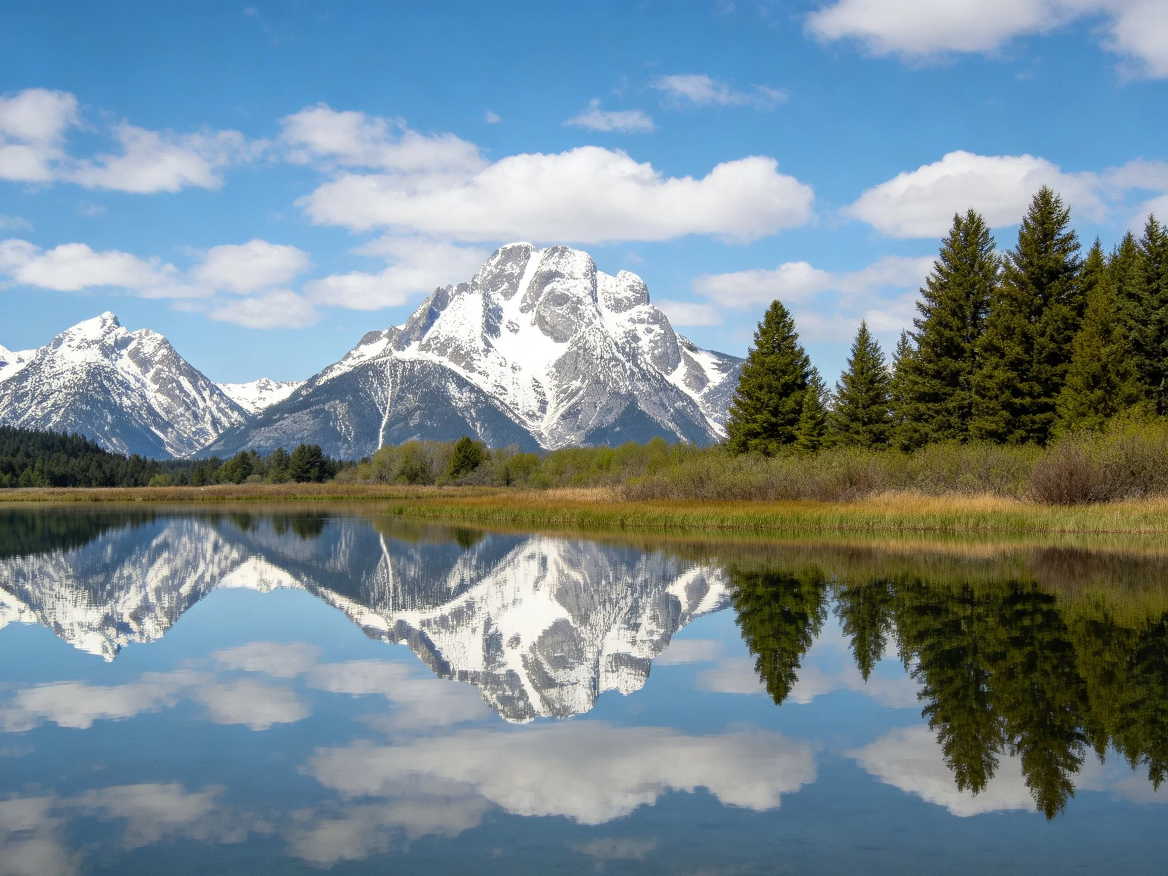 Snow - capped mountains reflect in calm lake waters near evergreen forest