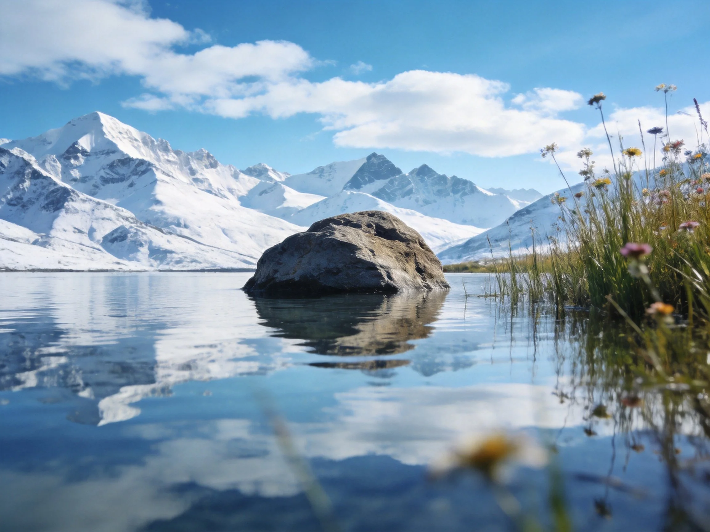 Snow - capped mountains reflect in calm lake with central rock