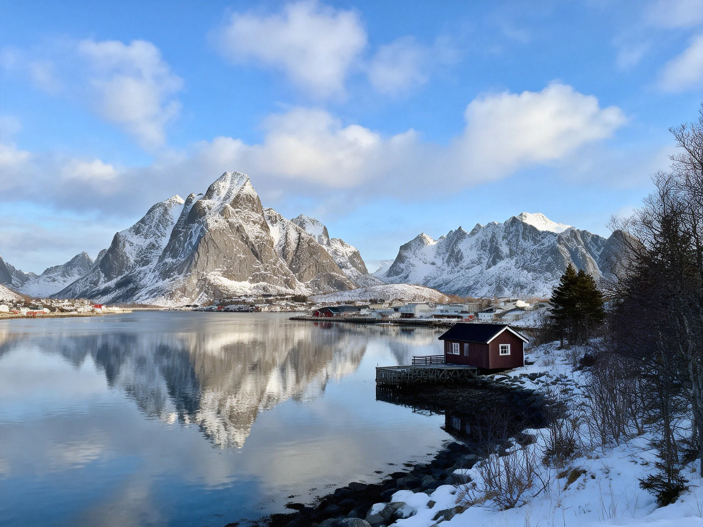 Snow-capped mountains reflect in calm waters near a red lakeside cabin