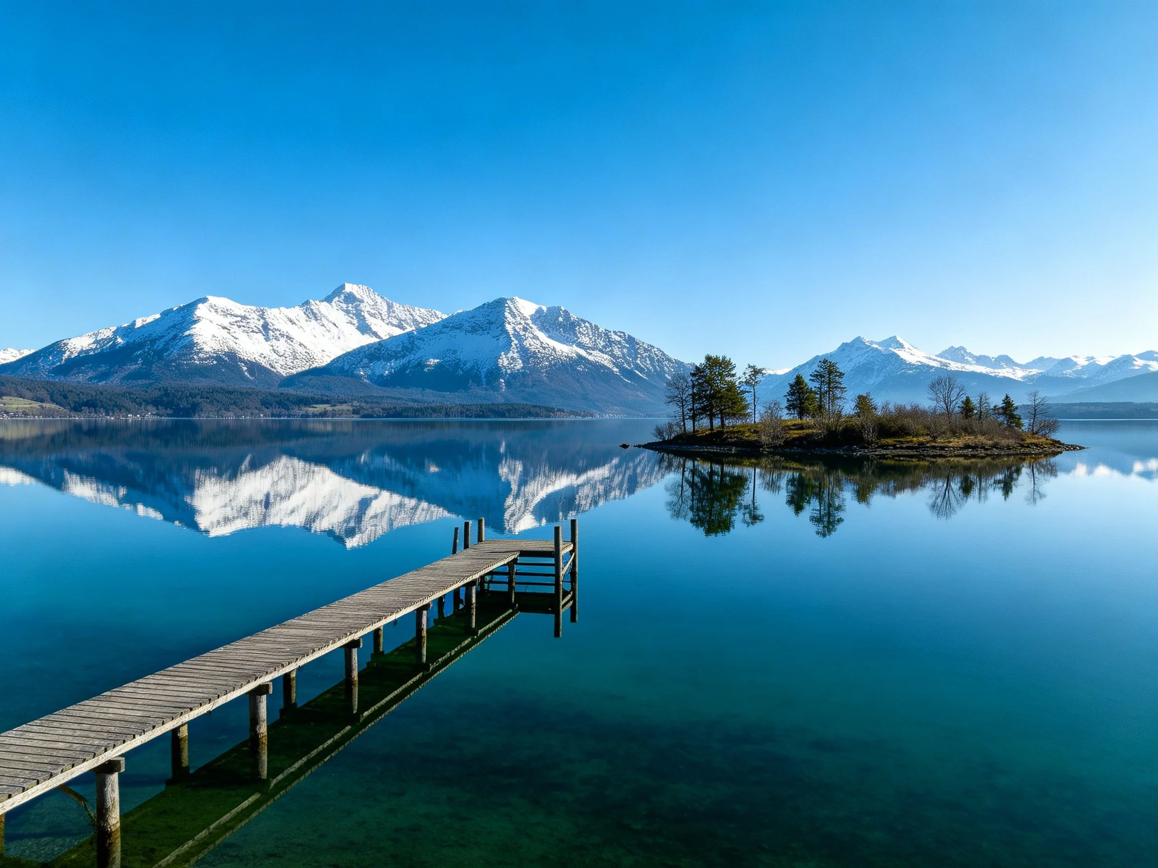 Snow-capped mountains reflect in crystal-clear lake waters near wooden dock