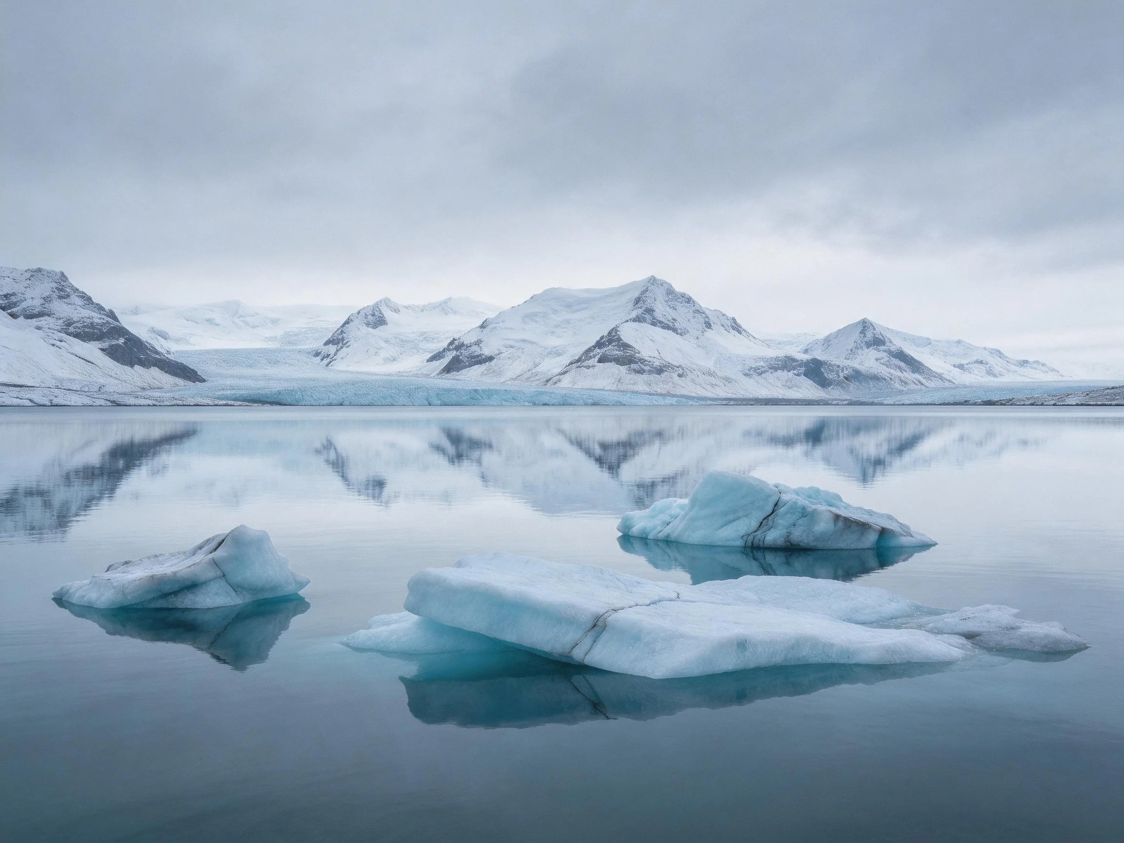 Snow-capped mountains reflect in icy glacial lake waters