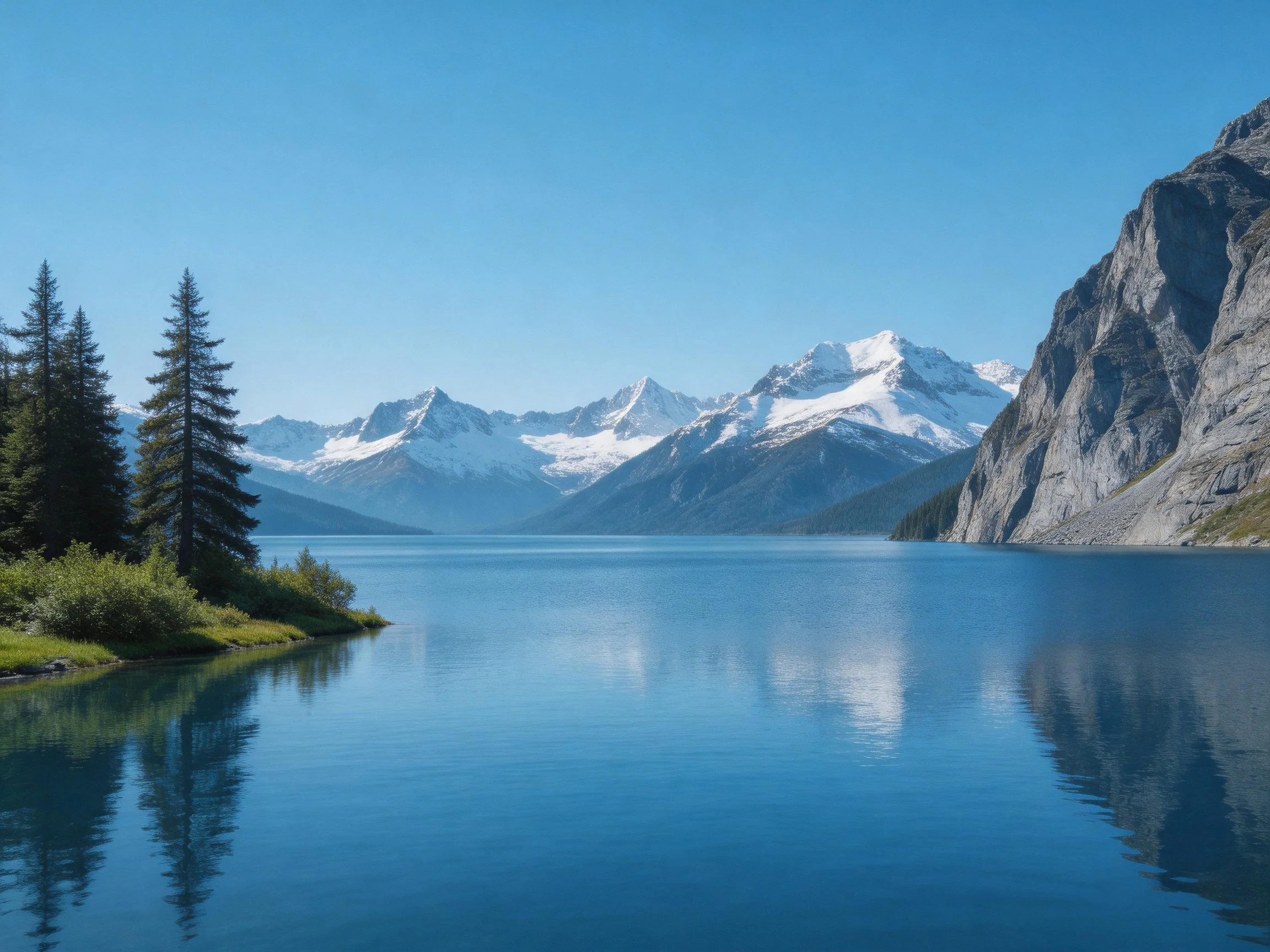 Snow - capped mountains reflect in tranquil blue lake waters