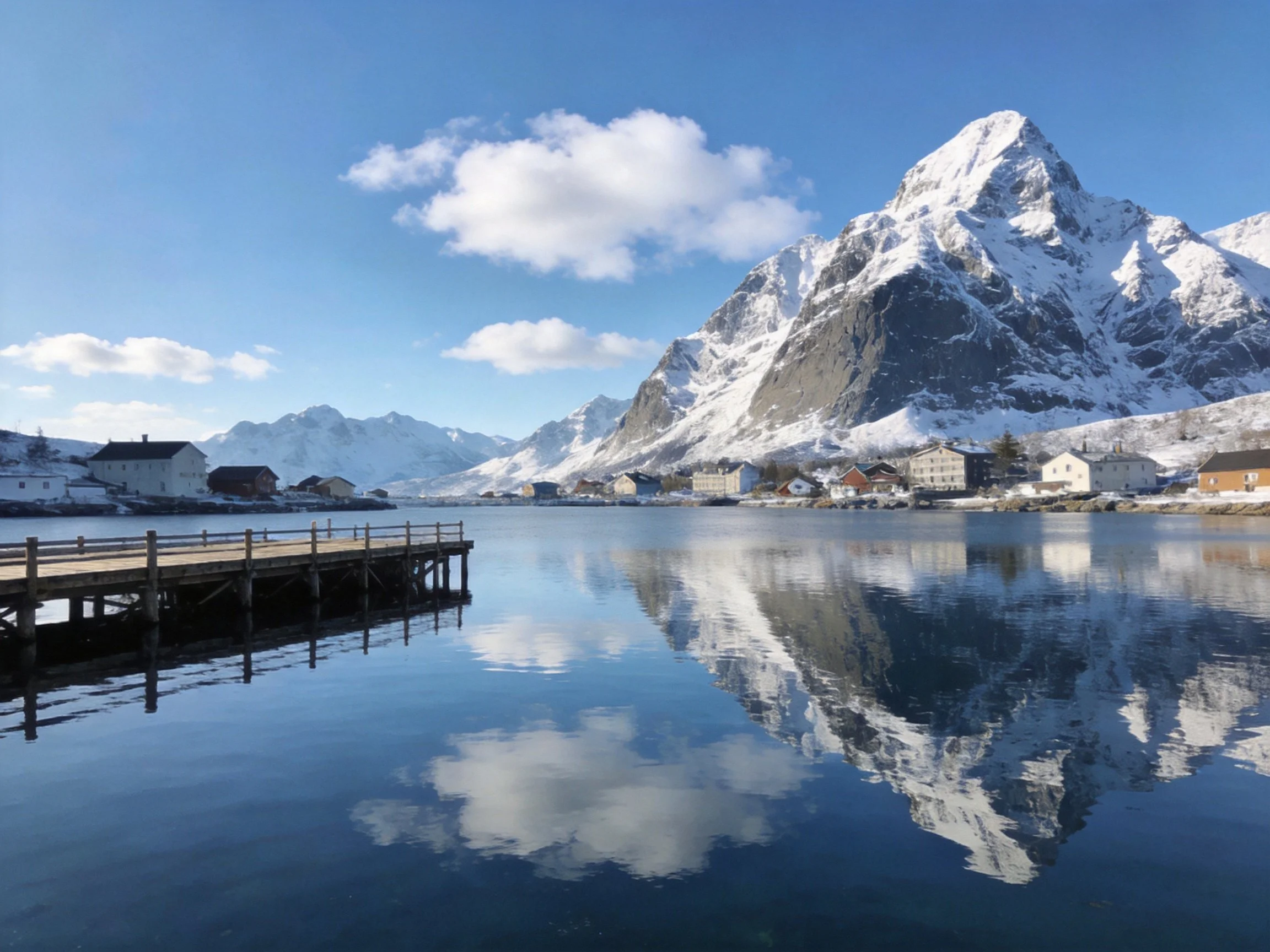 Snow-capped mountains reflect in tranquil fjord waters near coastal village