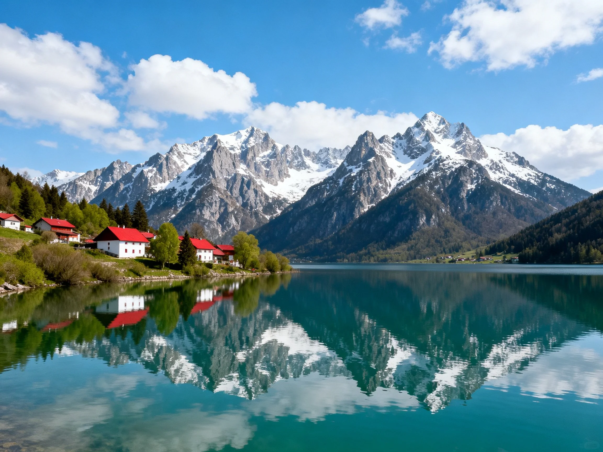 Snow-capped mountains reflect in turquoise lake beside red-roofed cottages